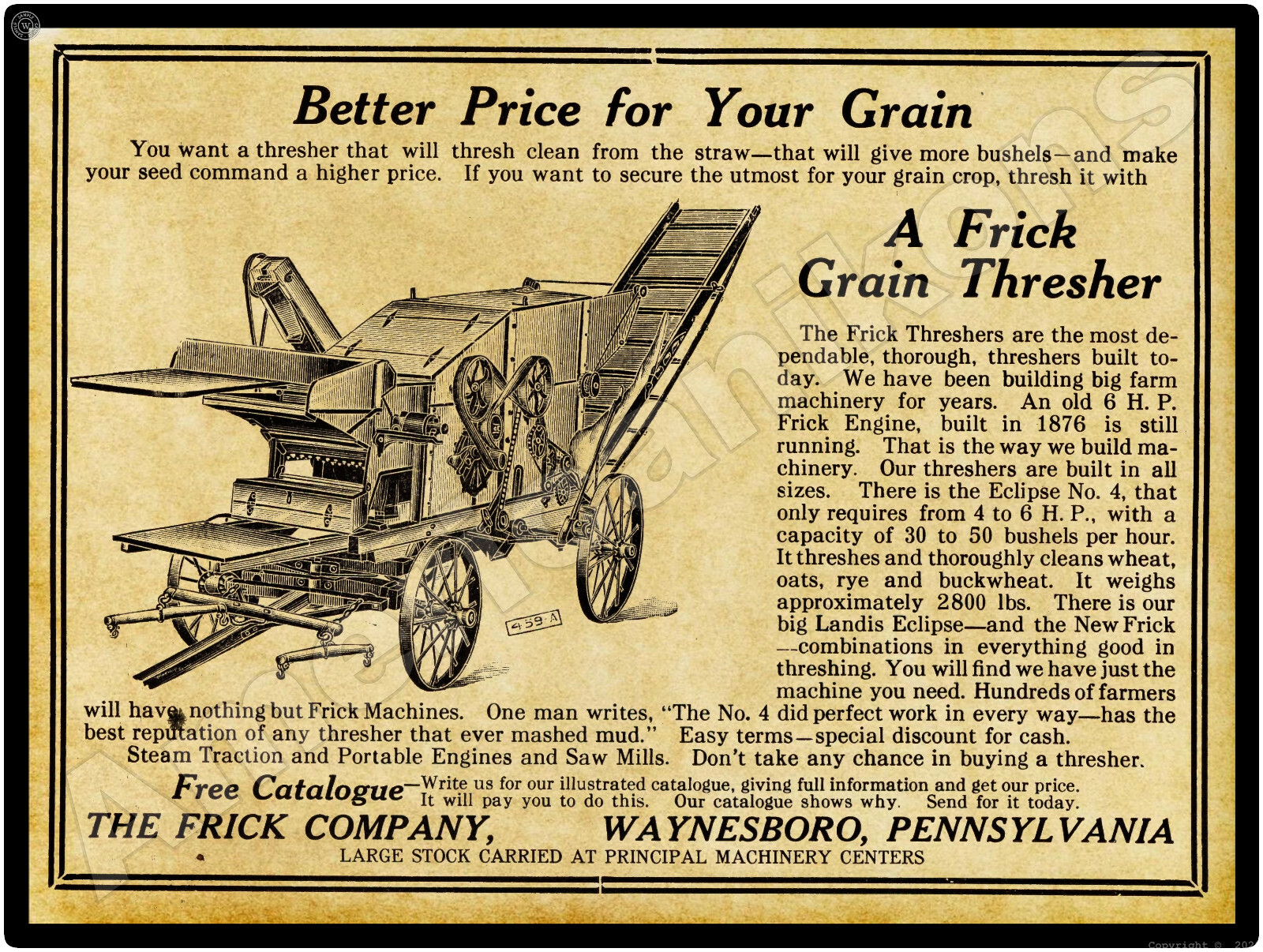 1914 Frick Grain Thresher New Metal Sign: Waynesboro, Pennsylvania