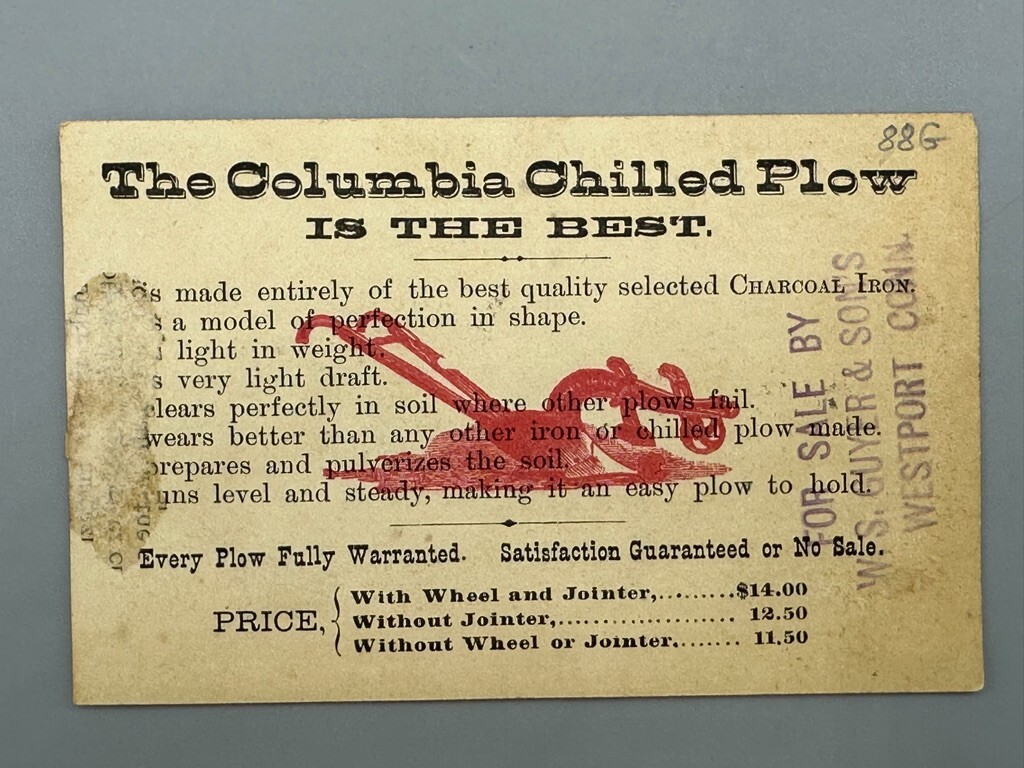 1880s Pair COLUMBIA CHILLED PLOW Horse Chickens FARM Advertising Trade Card