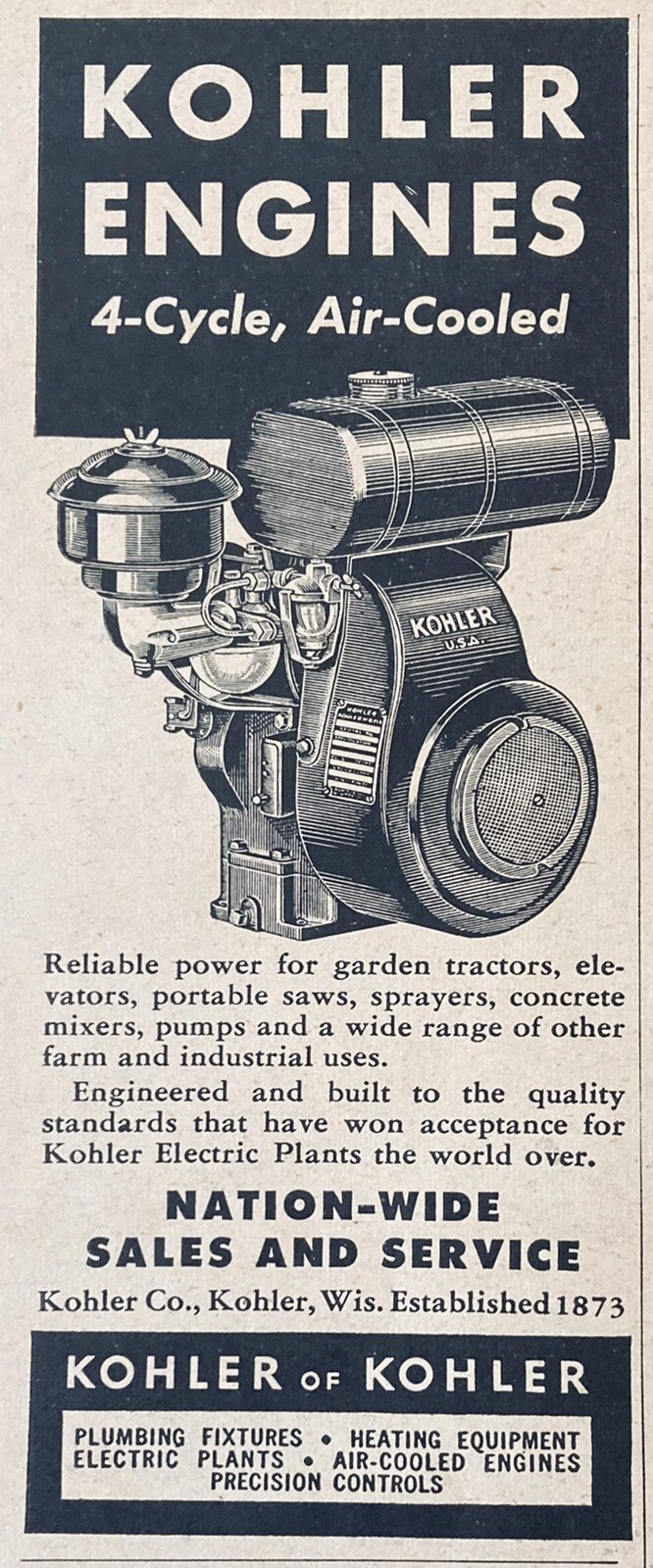 1952 AD.(XH6)~KOHLER CO. KOHLER, WIS. 4-CYCLE AIR-COOLED ENGINES