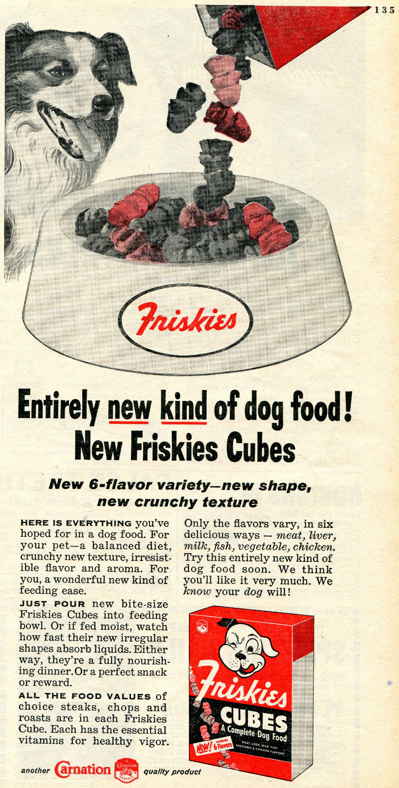 1957 Carnation Friskies Cubes Dog Food Print Ad