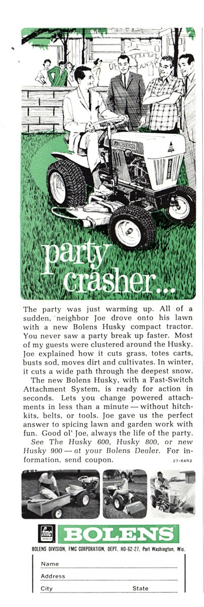 1964 Bolens Husky Tractor: Party Crasher Vintage Print Ad