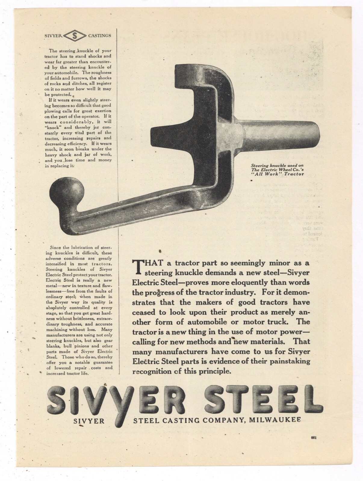 1919 Sivyer Steel Casting Ad: Electric Wheel All Work Tractor Steering Knuckle
