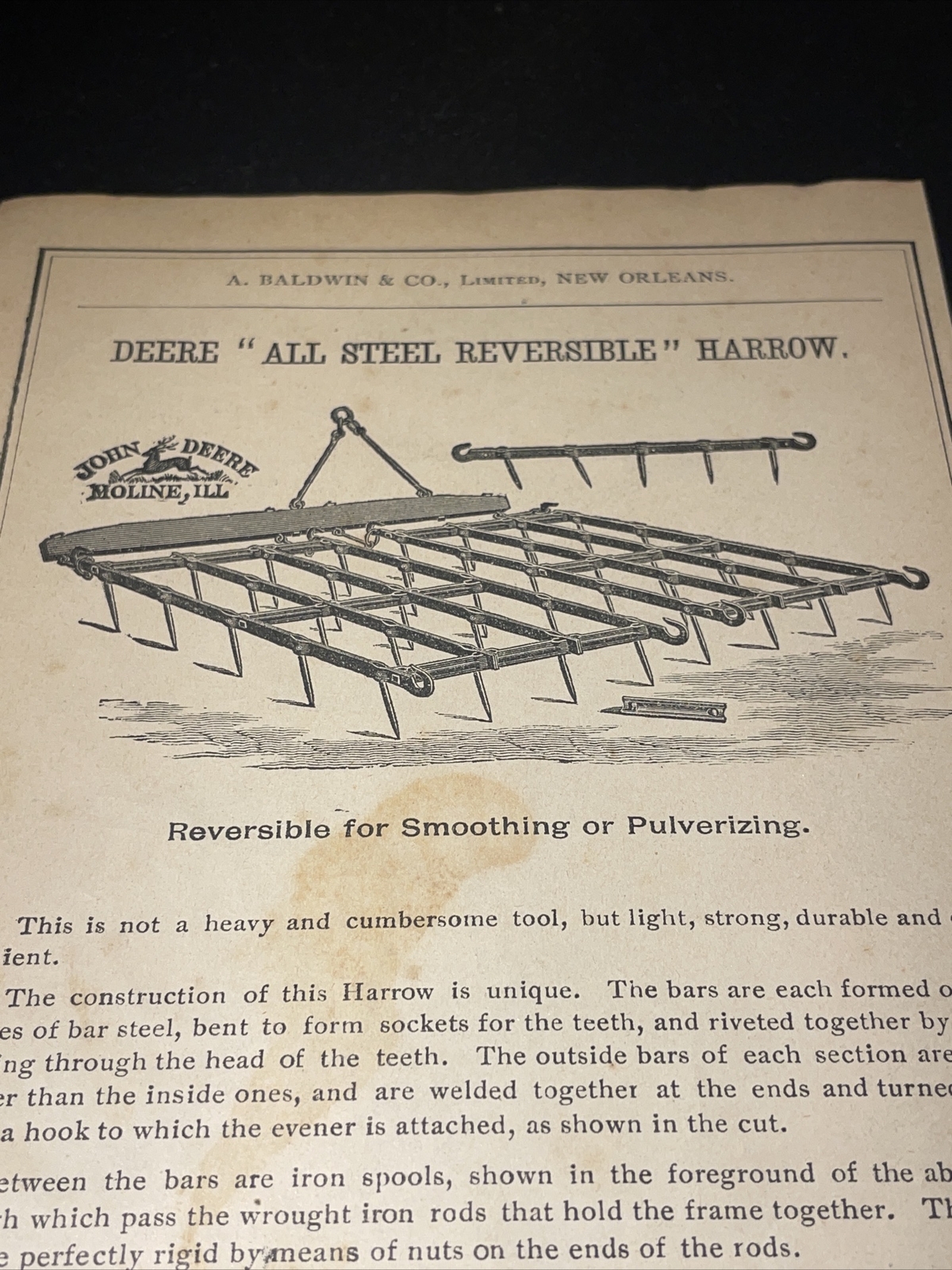 1891 Baldwin – John Deere Steel Reversible Harrow Farm Advertising New Orleans