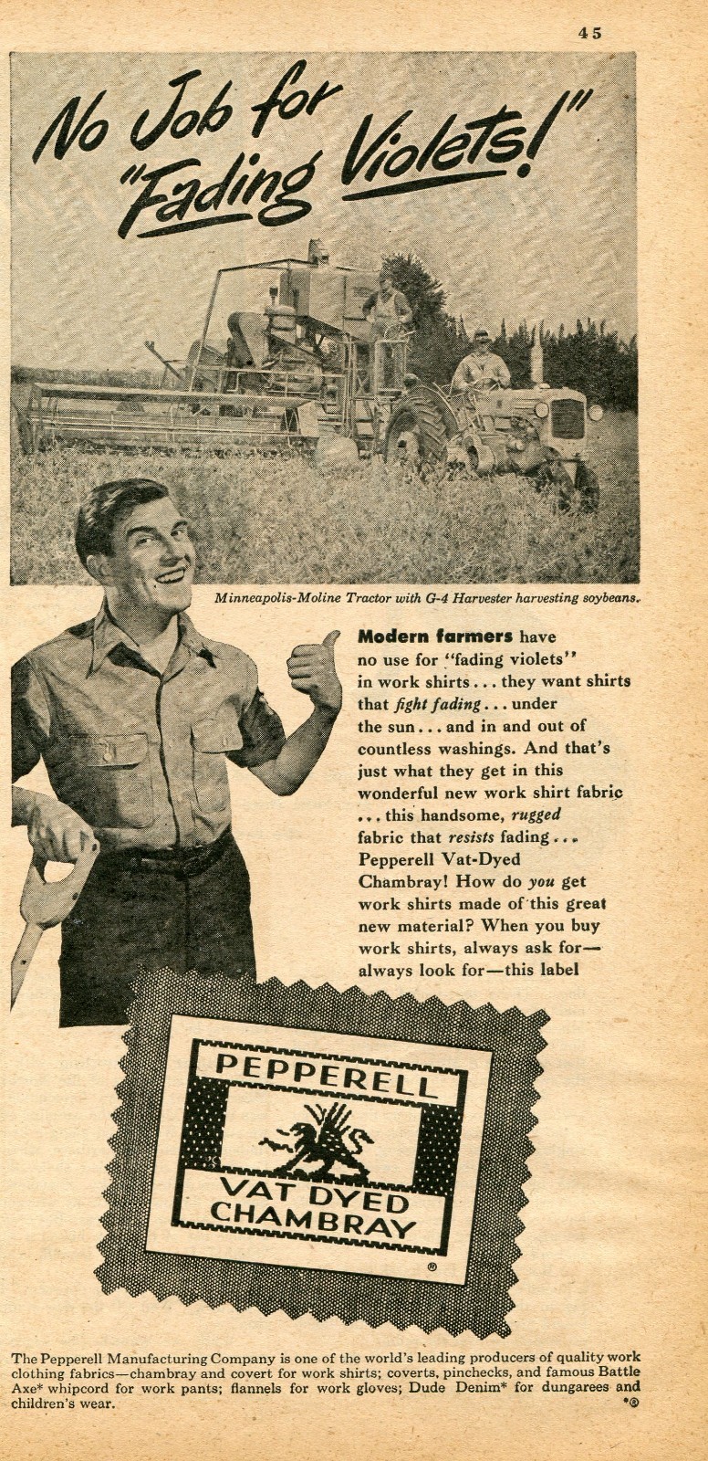 1948 Print Ad of Pepperell Chambray Work Shirt w Minneapolis Moline MM Tractor