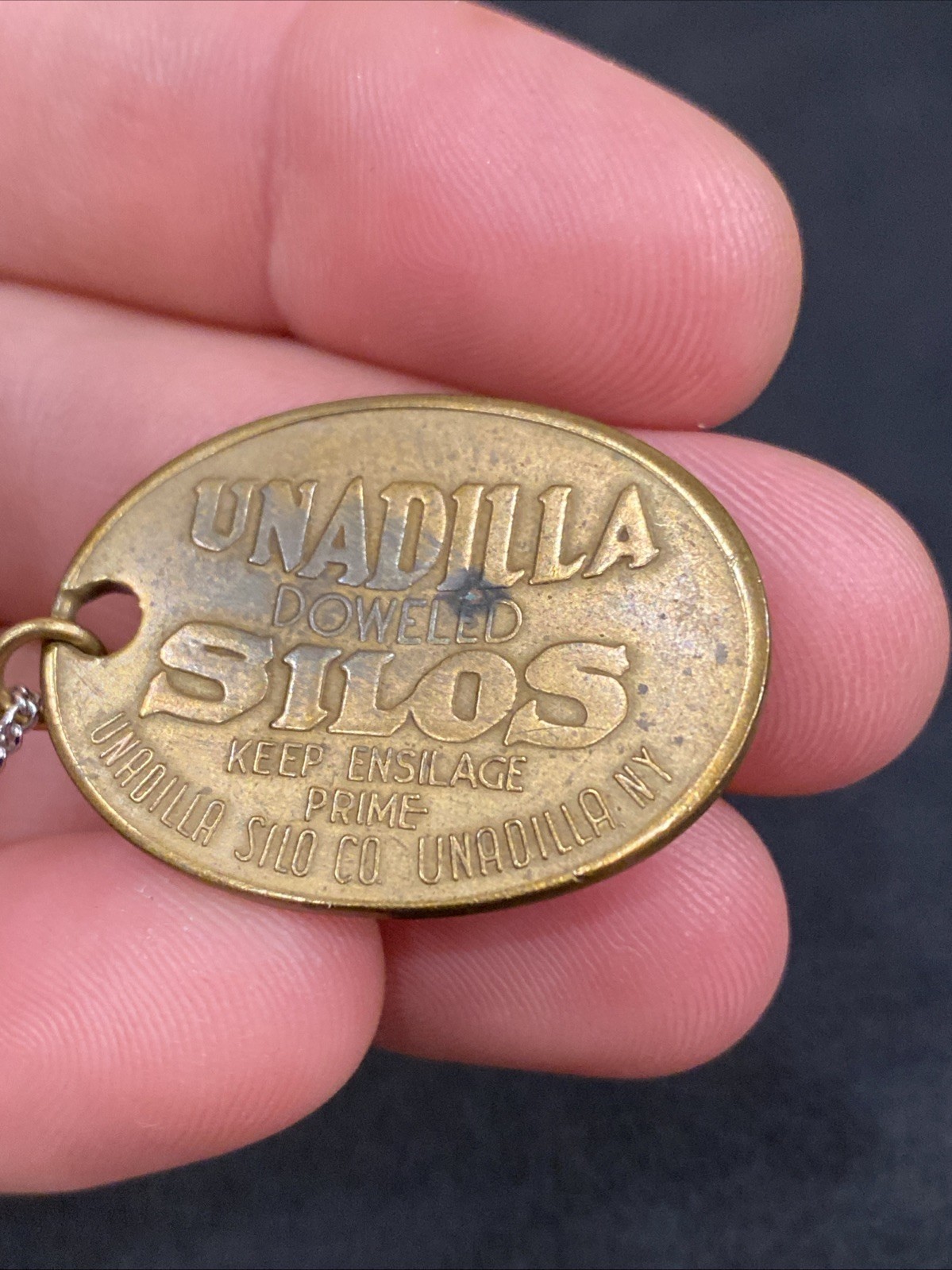 1906 ANTIQUE UNADILLA SILOS NY FARM ADVERTISING PENDANT KEYCHAIN CHARM FOB TAG