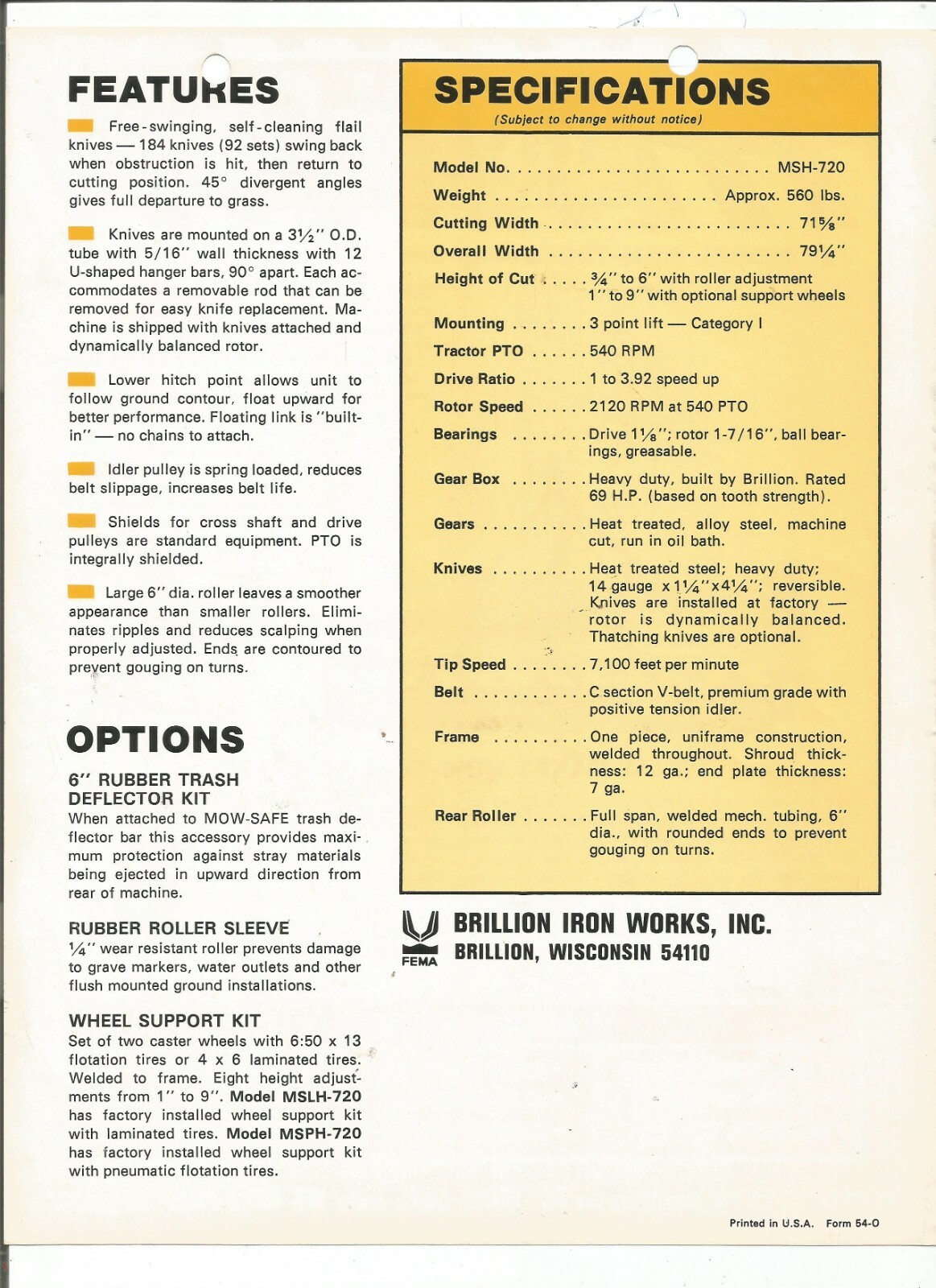 Original Brillion MSH-720 Mow-Safe Flail Mower Sales Brochure Form Number 54-O
