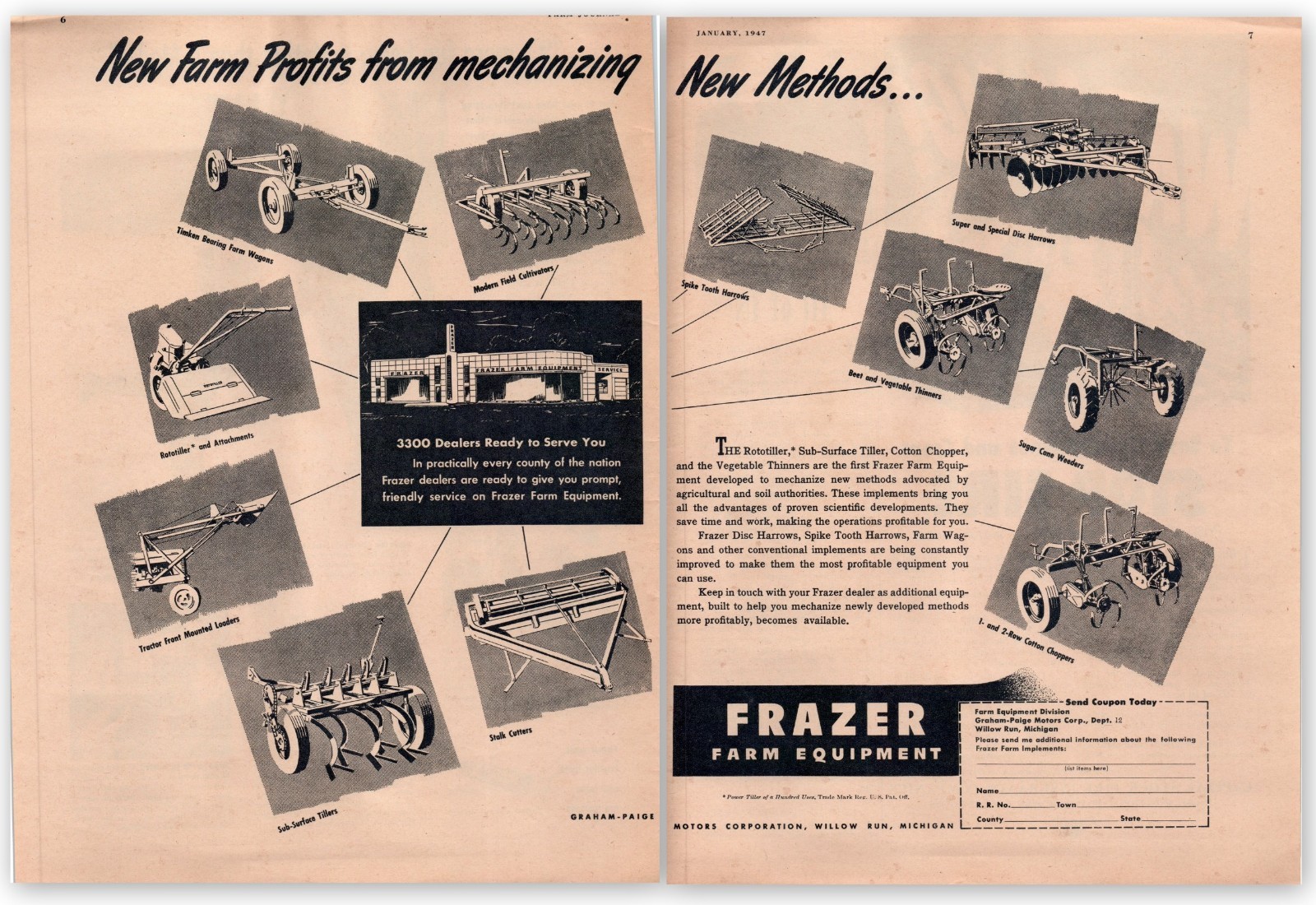 1947 Frazer Farm Equipment Chopper Rototiller Thinner 40&rsquo;s 2-Page Print Ad