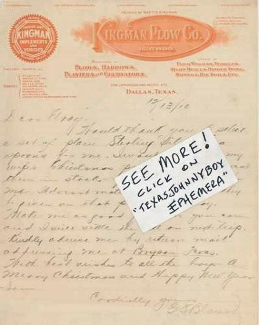 1910 BLOUNT Dallas Texas KINGMAN PLOW Topping Schimpff Youngblood Ross Bush LHD