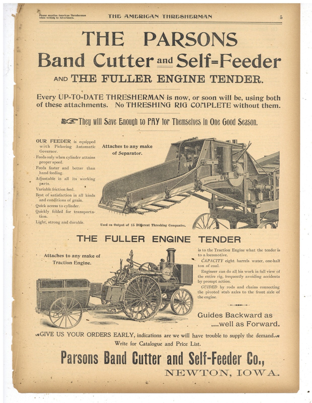 1898 Parsons Band Cutter & Self Feeder Co. Ad: Fuller Engine Tender. Newton Iowa