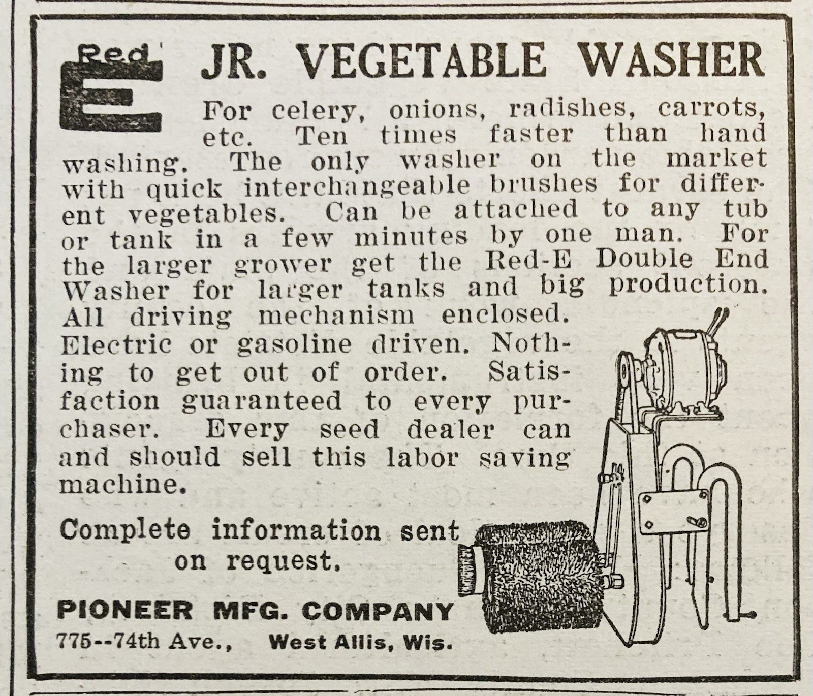 1930 AD.(XH86)~PIONEER MFG. CO. WEST ALLIS, WIS. RED-E JR. VEGETABLE WASHER