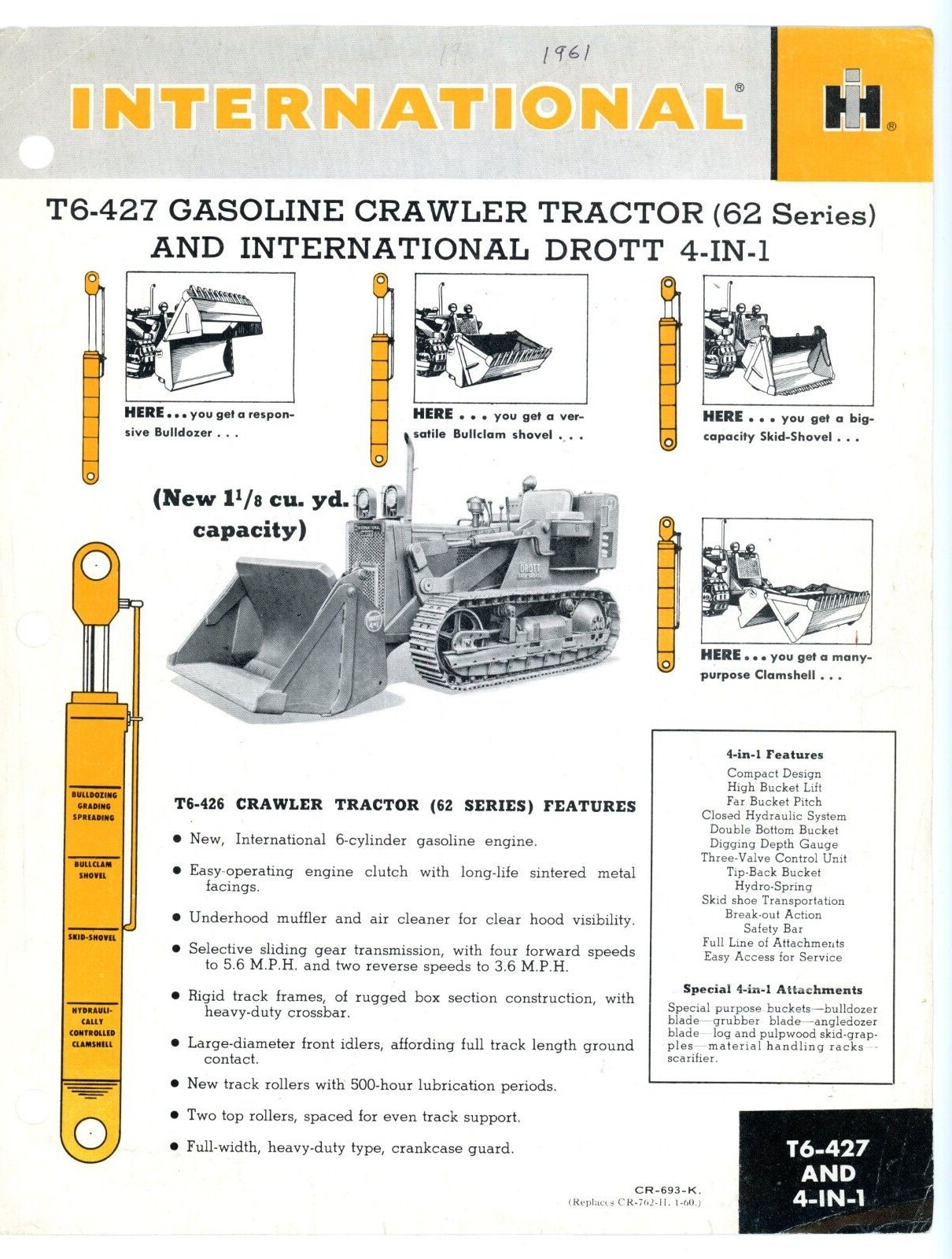 International T6-427 Gasoline Crawler Tractor w/ Drott 4-in-1 1961 sales flyer