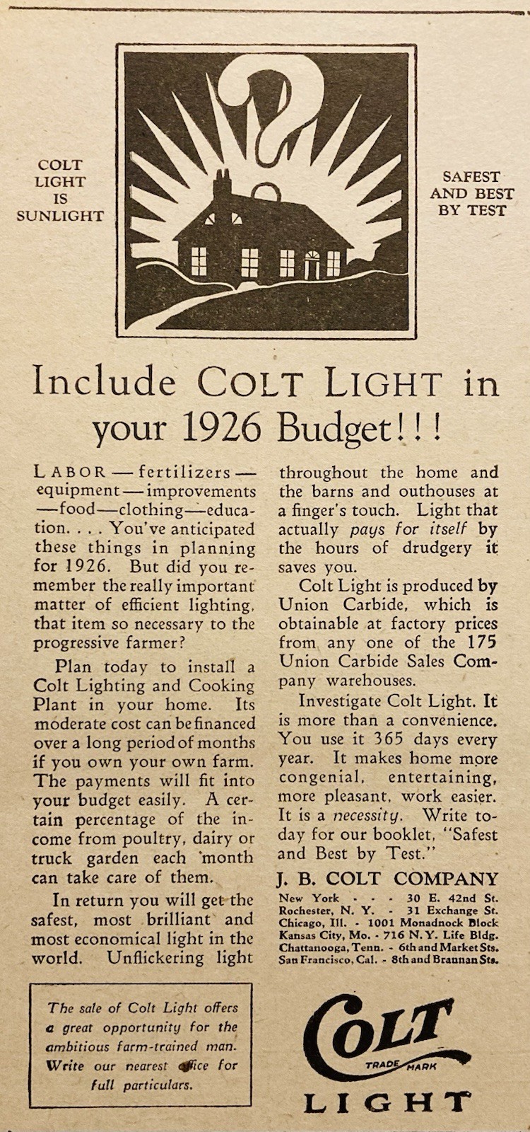 1926 AD.(XH88)~J.B. COLT CO. NYC. COLT LIGHTING POWER PLANT FOR THE FARM