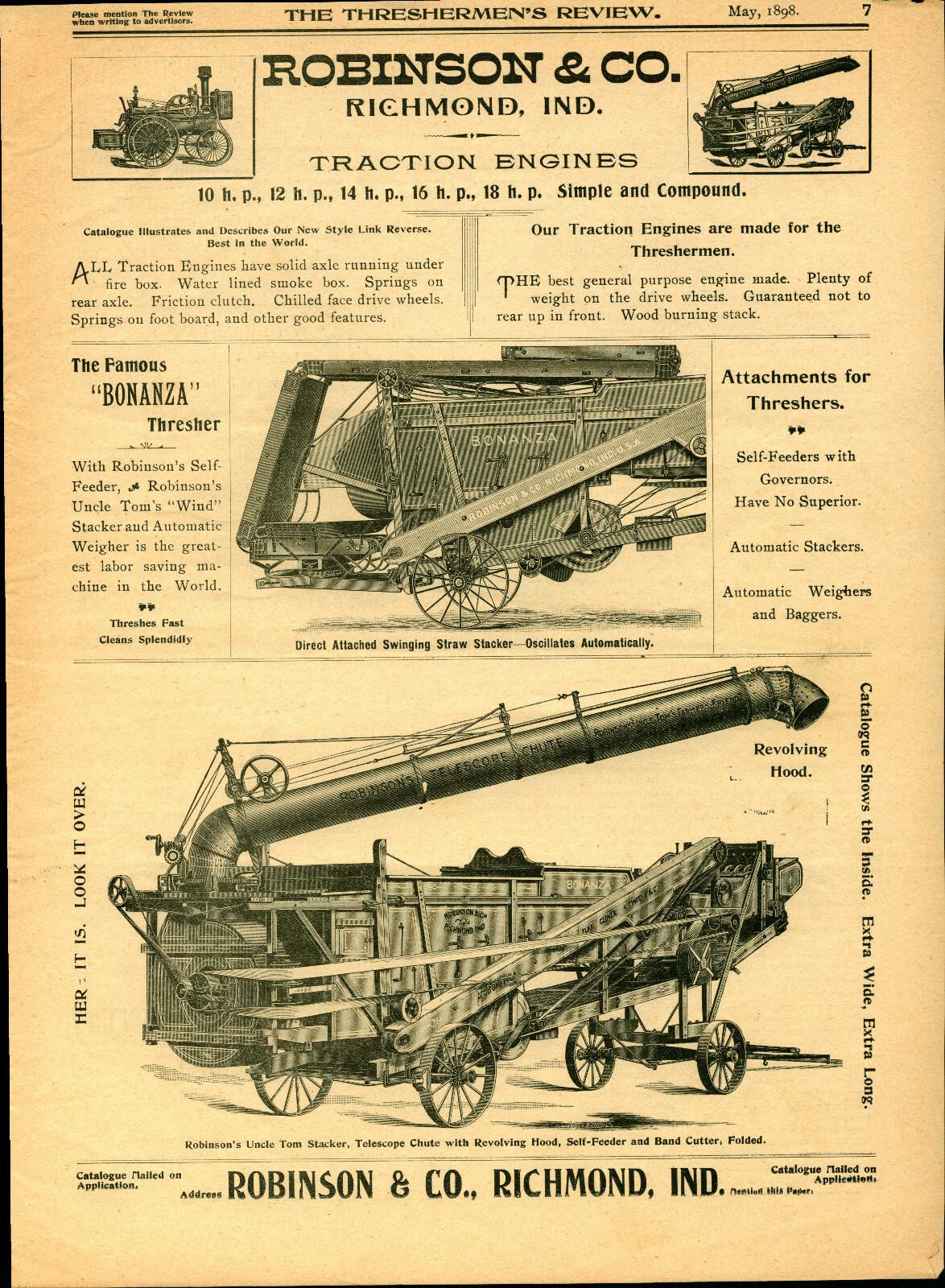 1898 Robinson & Co. Ad: Traction Engine & Bonanza Thresher – Richmond, Indiana