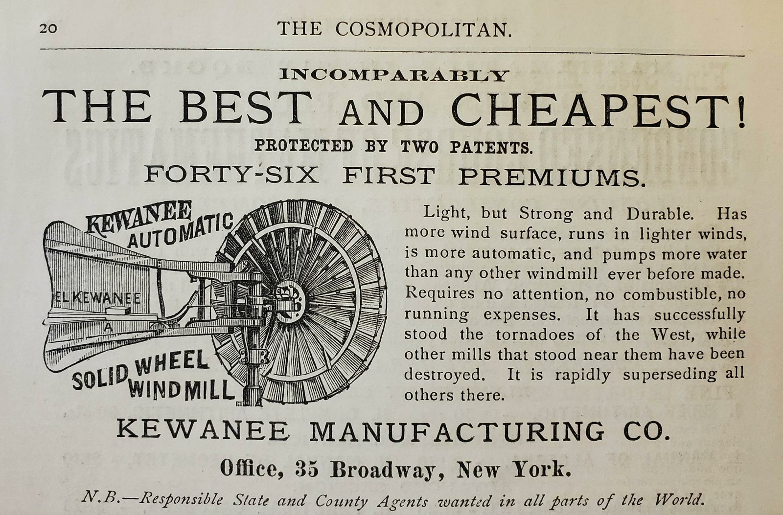 1877 Kewanee Manufacturing Windmill Water Pump Print Advertisement Antique