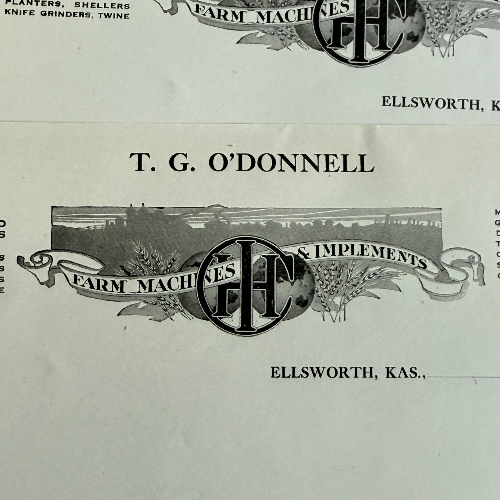 3 Vintage T.G. O&rsquo;Donnell Letterhead Advertising Ellsworth KS Farm Implements