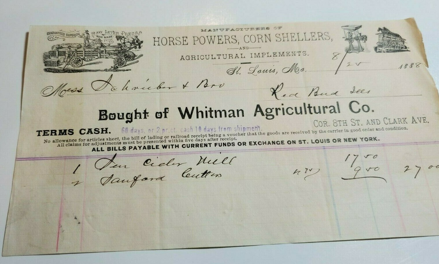 FARM IMPLEMENTS LETTERHEAD BILLHEAD WHITMAN AGRICULTURAL CO. Horse Corn Sheller