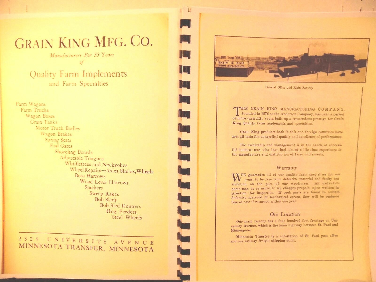 Grain-KIng Mfg, Co .Fine Farm Implements Cat. # 2 Minnesota Transfer Sales Book