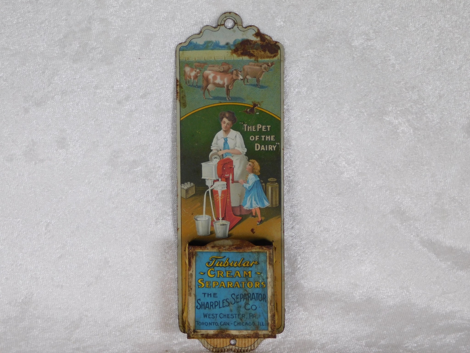 Antique Sharples Tubular Cream Separator Cow Litho Tin Sign Match Holder Safe