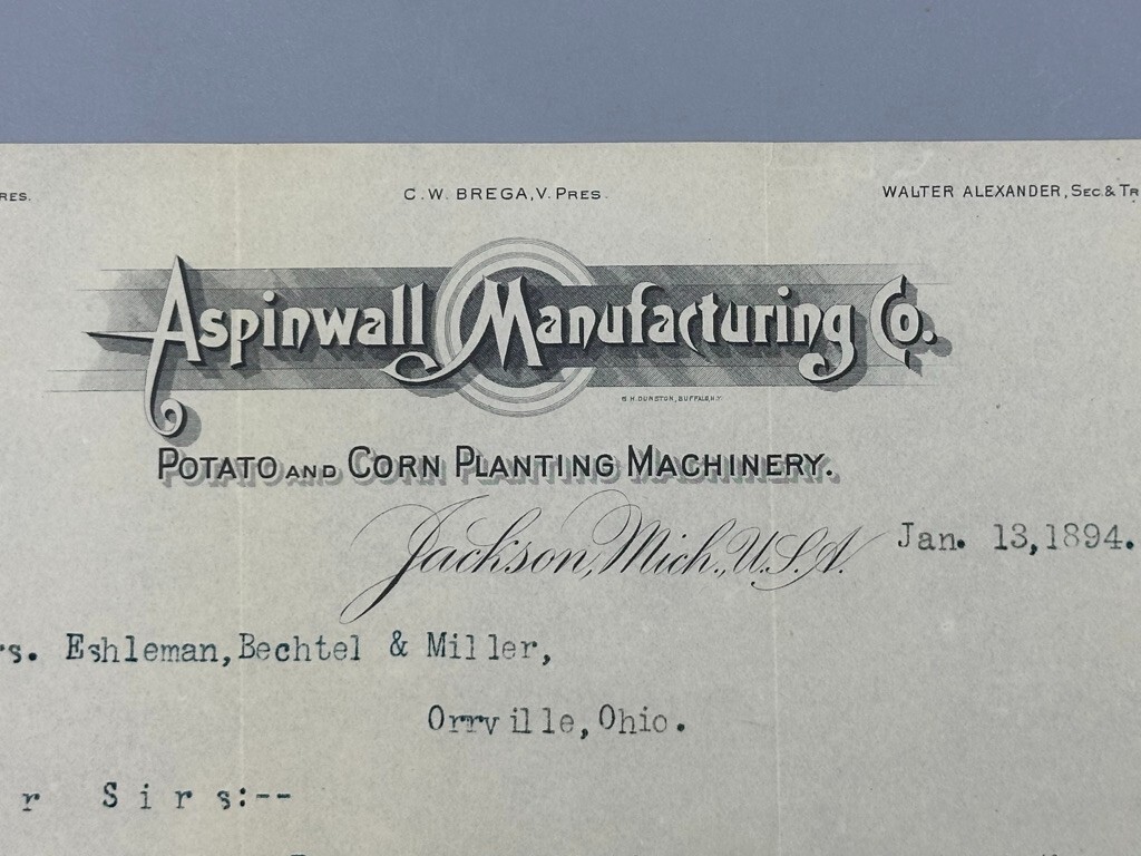 1894 ASPINWALL Farm POTATO & CORN Machinery JACKSON Michigan Antique Advertising