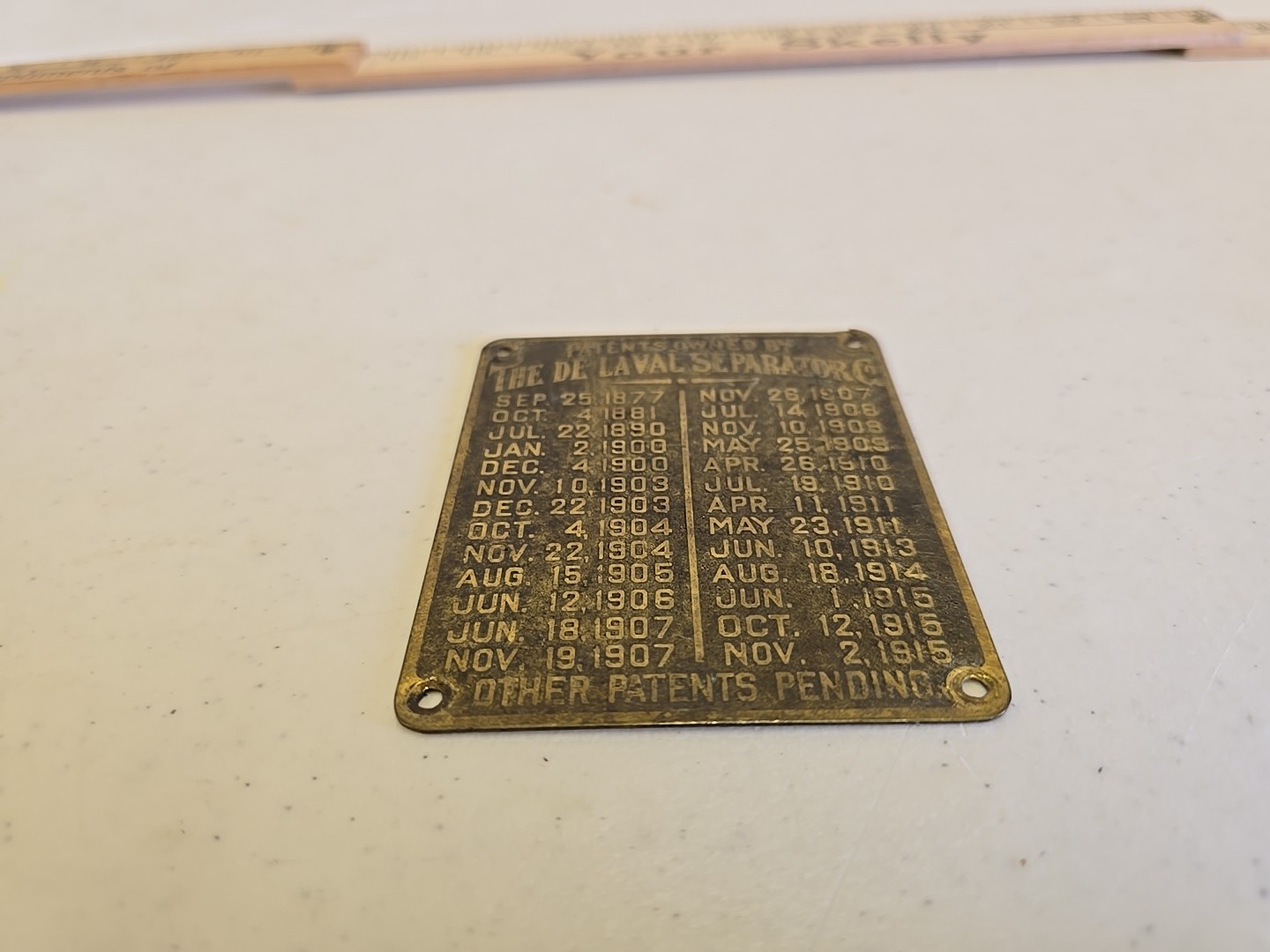 Antique De Laval Seperator Co Advertising 1915 Brass Patent List Badge Emblem