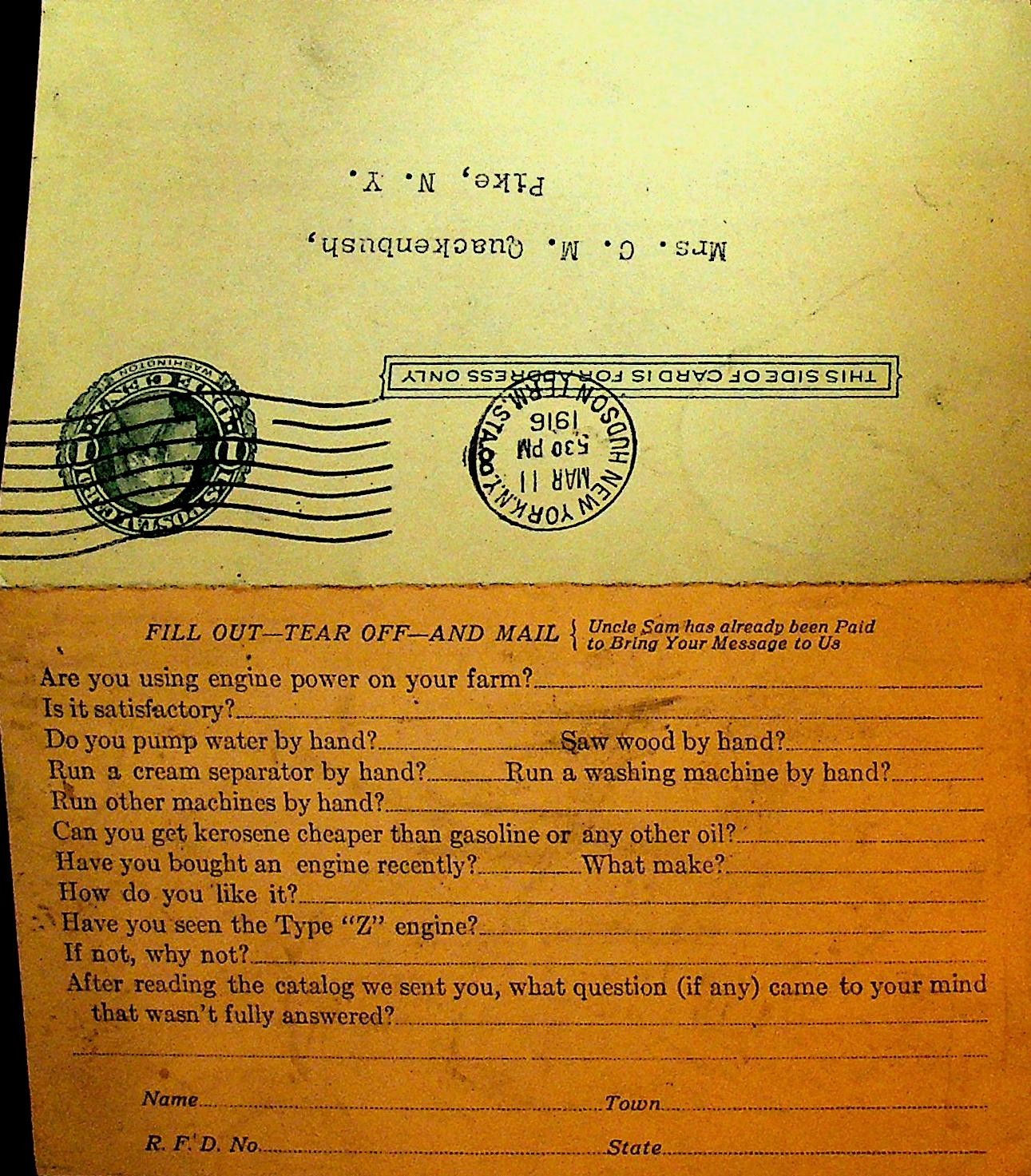 Fairbanks Morse & Co Postal Card 1916 New York City Farm Engines