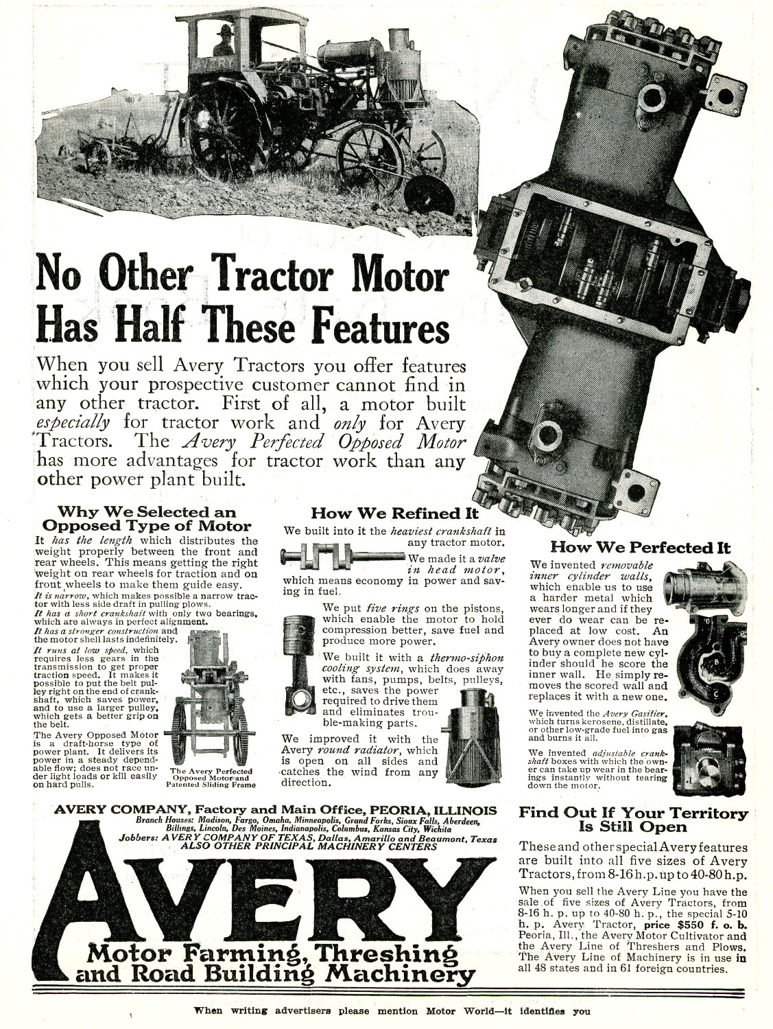 1918 Original Avery Tractor Ad. No Other Tractor Has Half These Features. Peoria