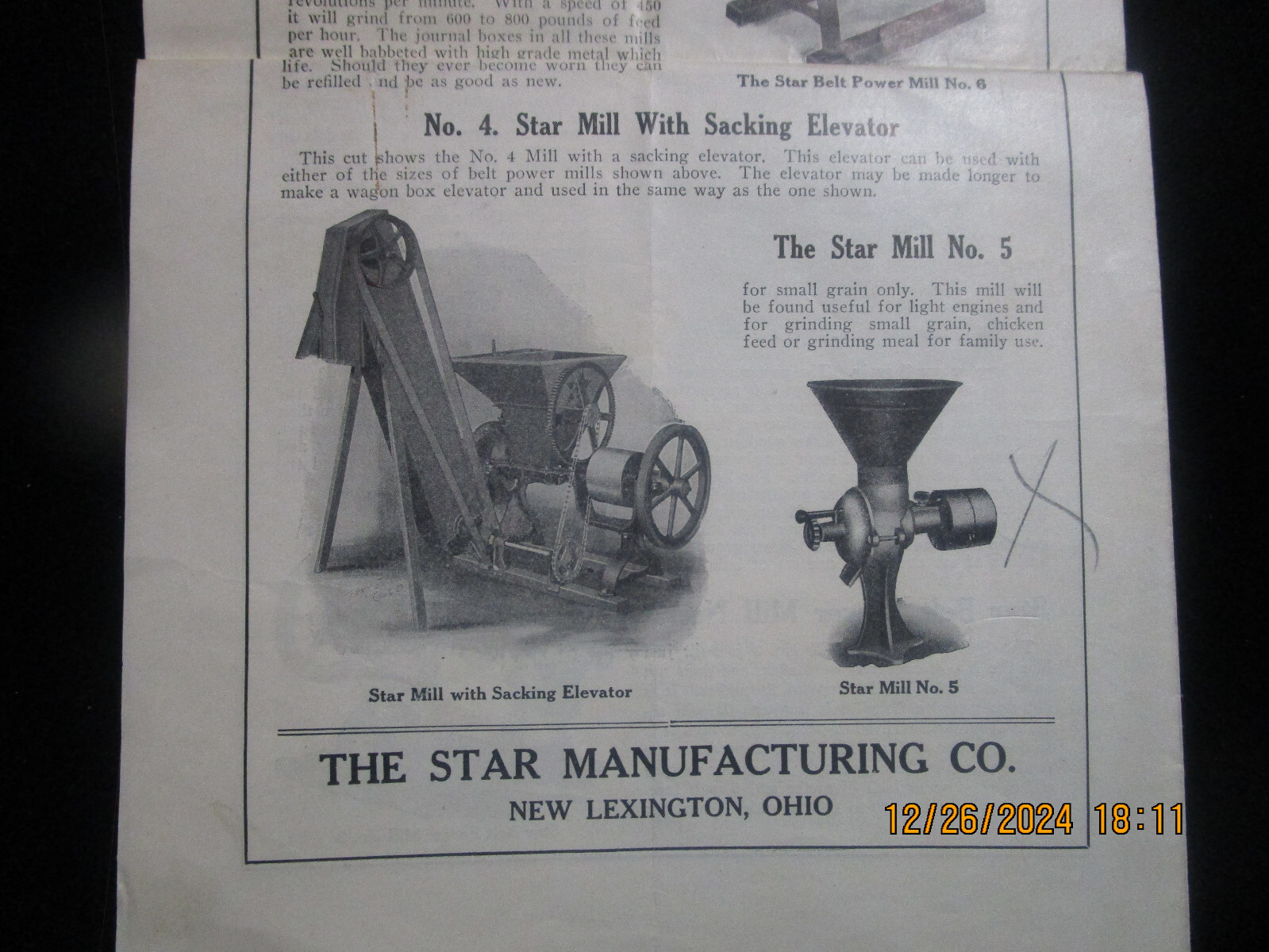 NEW LEXINGTON OHIO, The Star Manufacturing Co. Advertising Feed Grinders c1910