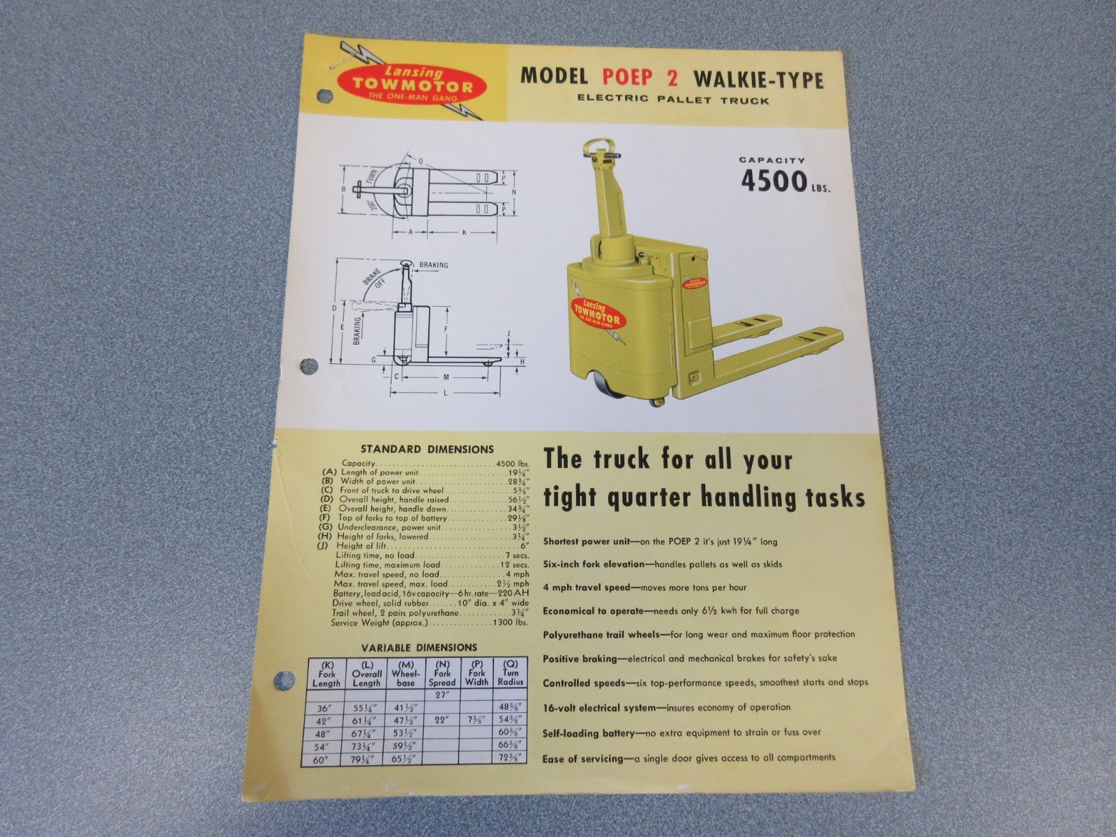 Old Towmotor Forklift Sales Sheet, 4500 Pound Pallet Truck