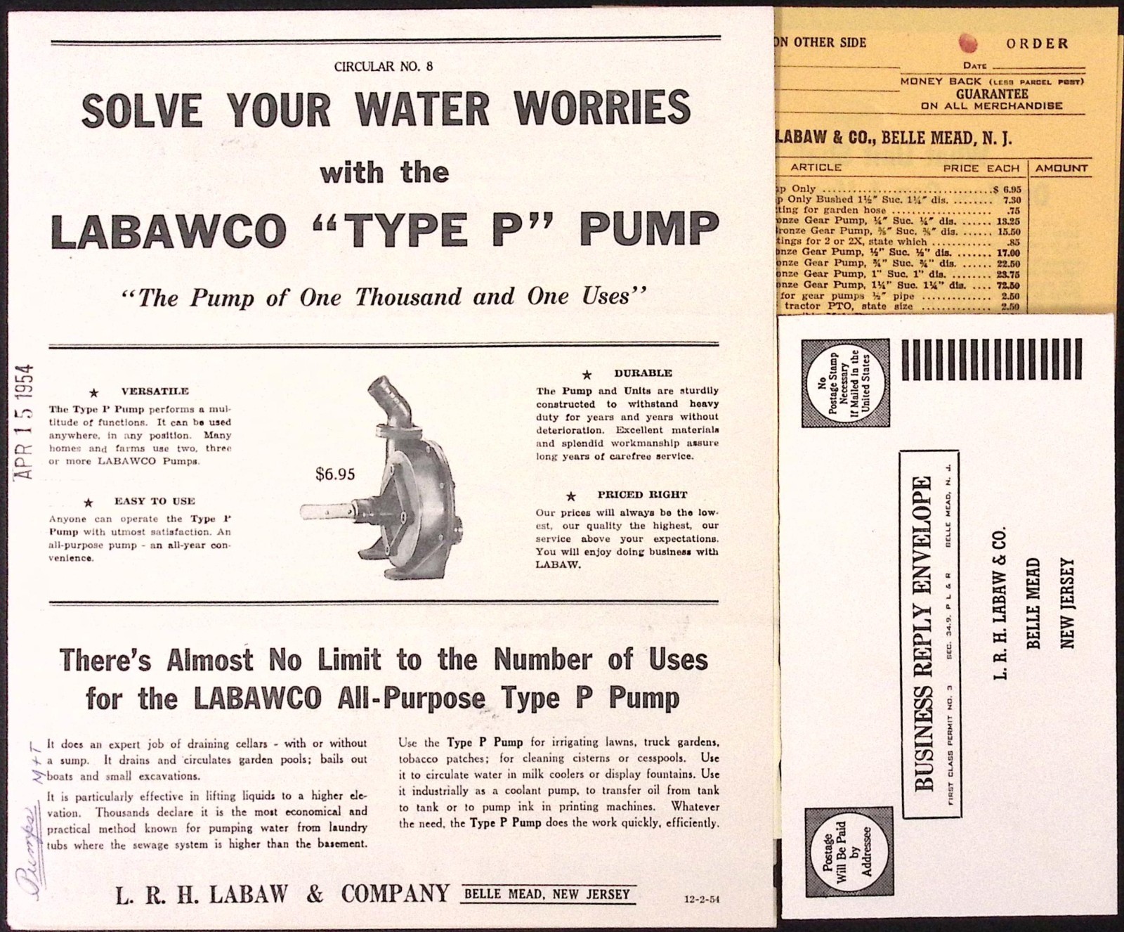 1954 Labawco Type P Pump Brochure L.R.H. Labaw & Co Belle Mead NJ