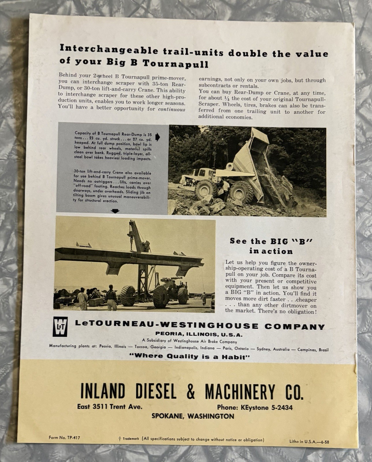 1958 LETOURNEAU BIG B PULL TOURNAPULL SCRAPER 8 PG SALES BROCHURE