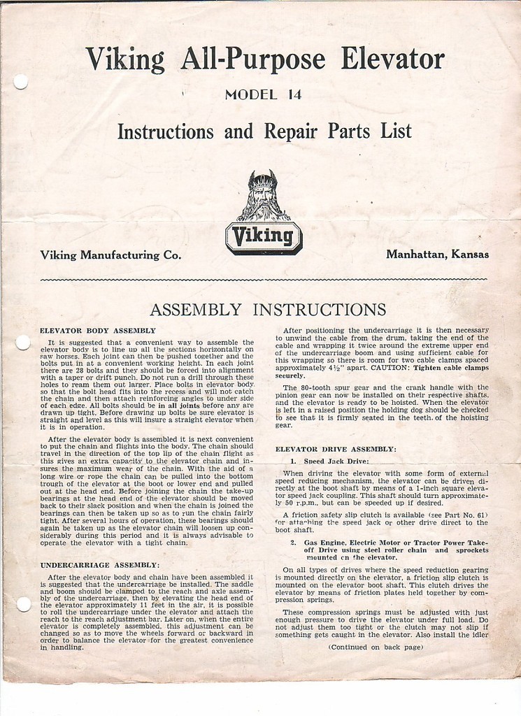 Farm Equipment Brochure – Viking – Elevator – 14 Parts List – Kansas (FB266)