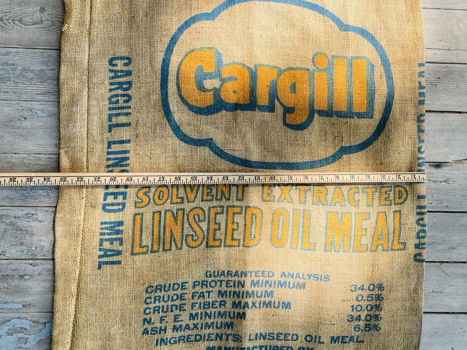 VTG BURLAP BAG CARGILL INC. LINSEED OIL MEAL SOLVENT EXTRACTED 100 LBS MINNESOTA