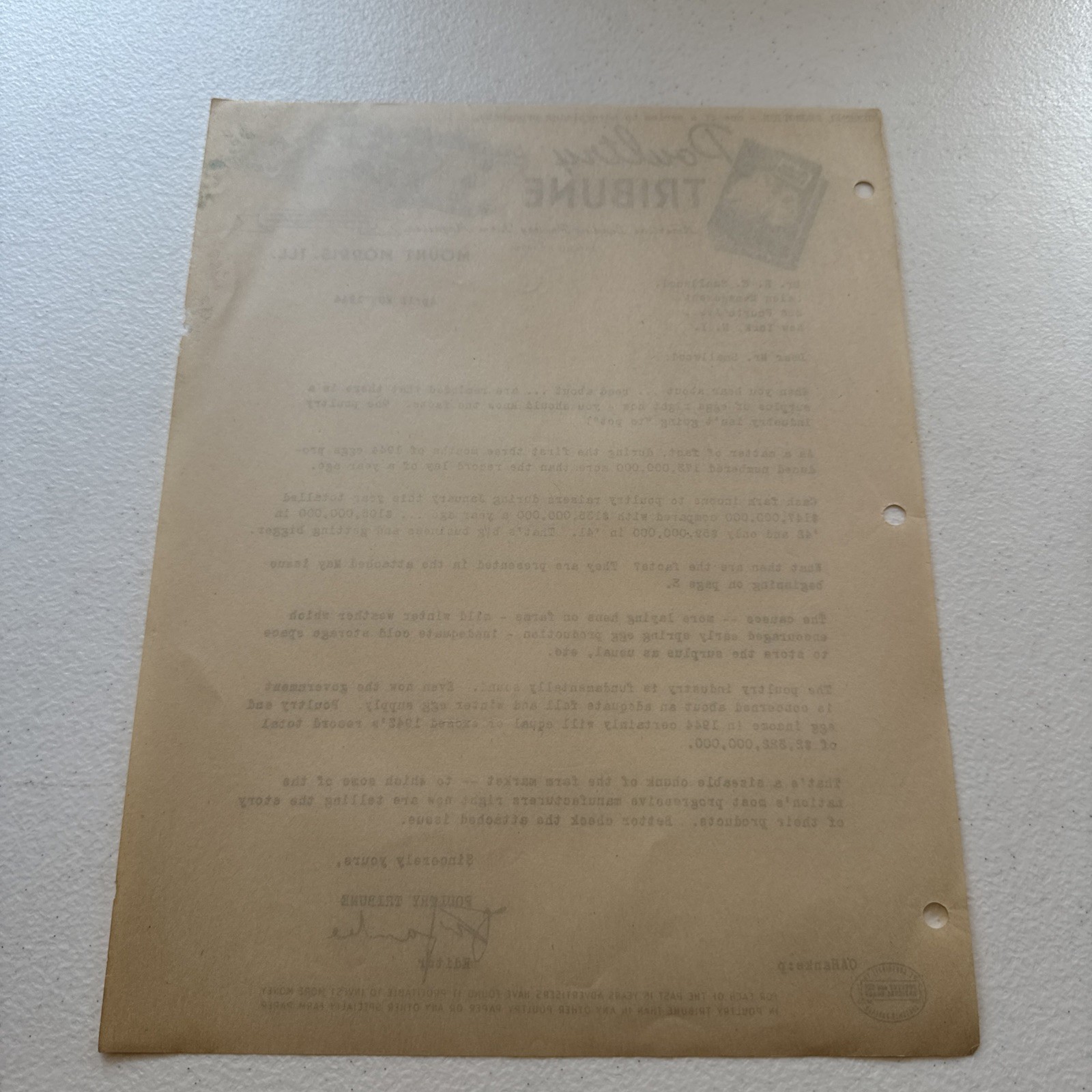Poultry Tribune Poultry Farm Magazine Mount Morris Illinois 1944 Sales Letter