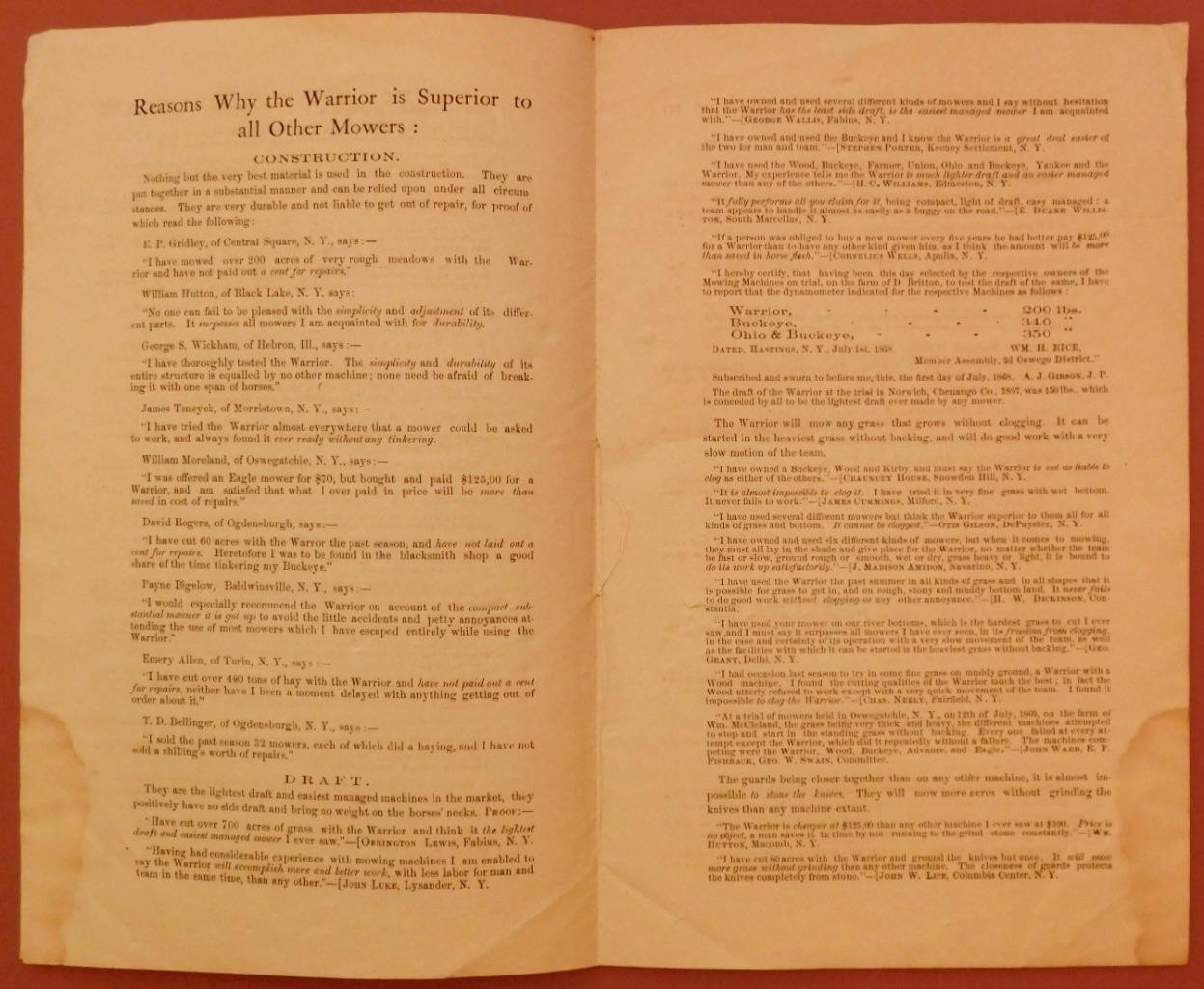 1860&rsquo;s Horsedrawn: The Warrior Mower Advertising Pamphlet Little Falls NY C345