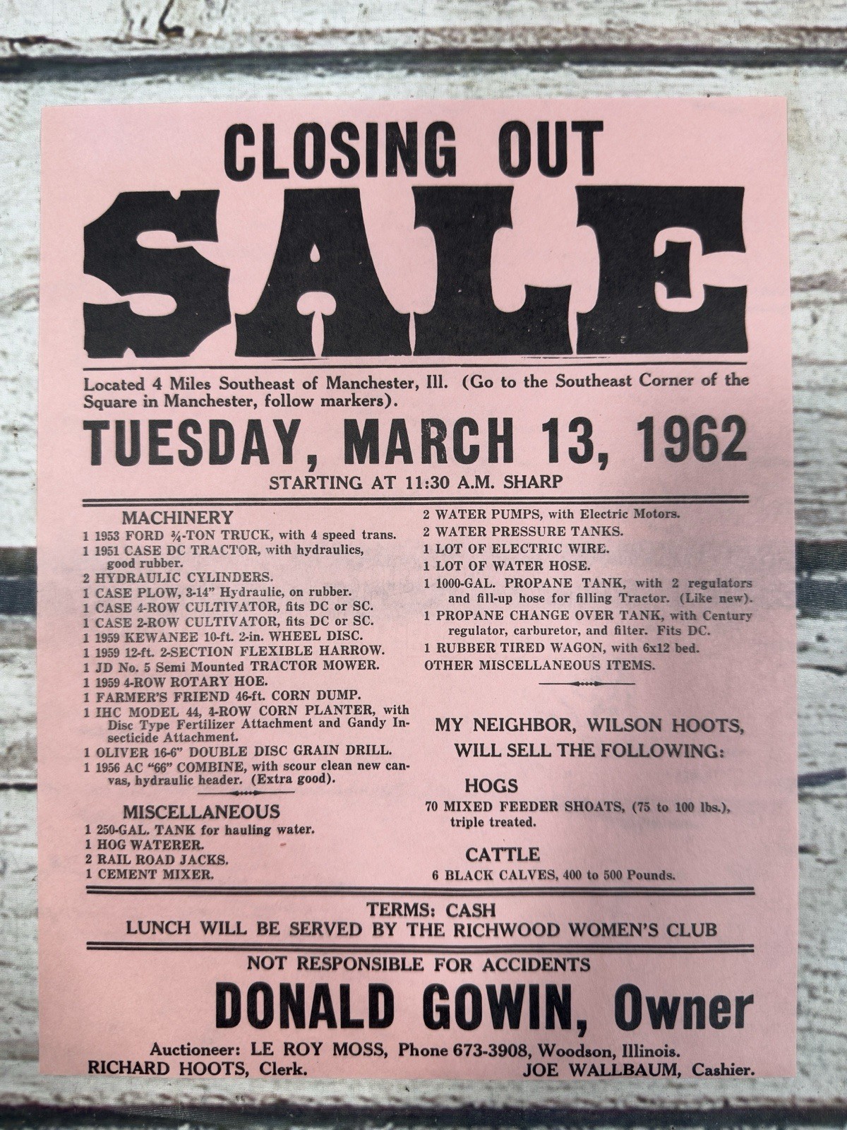 VTG Closing Out Sale Machinery 1962 Manchester IL Public Auction Sale Flyer Ad