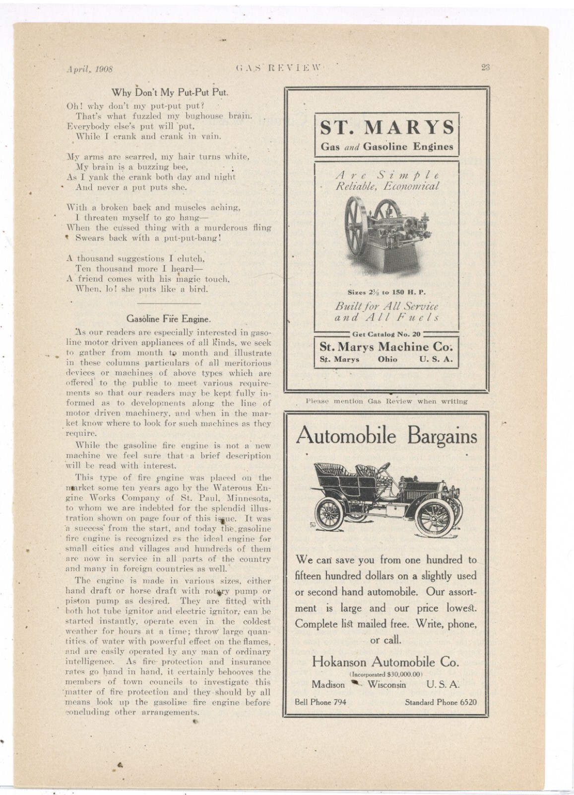 1908 St. Marys Machine Co. Ad: Gas & Gasoline Engines – St. Marys, OhiO
