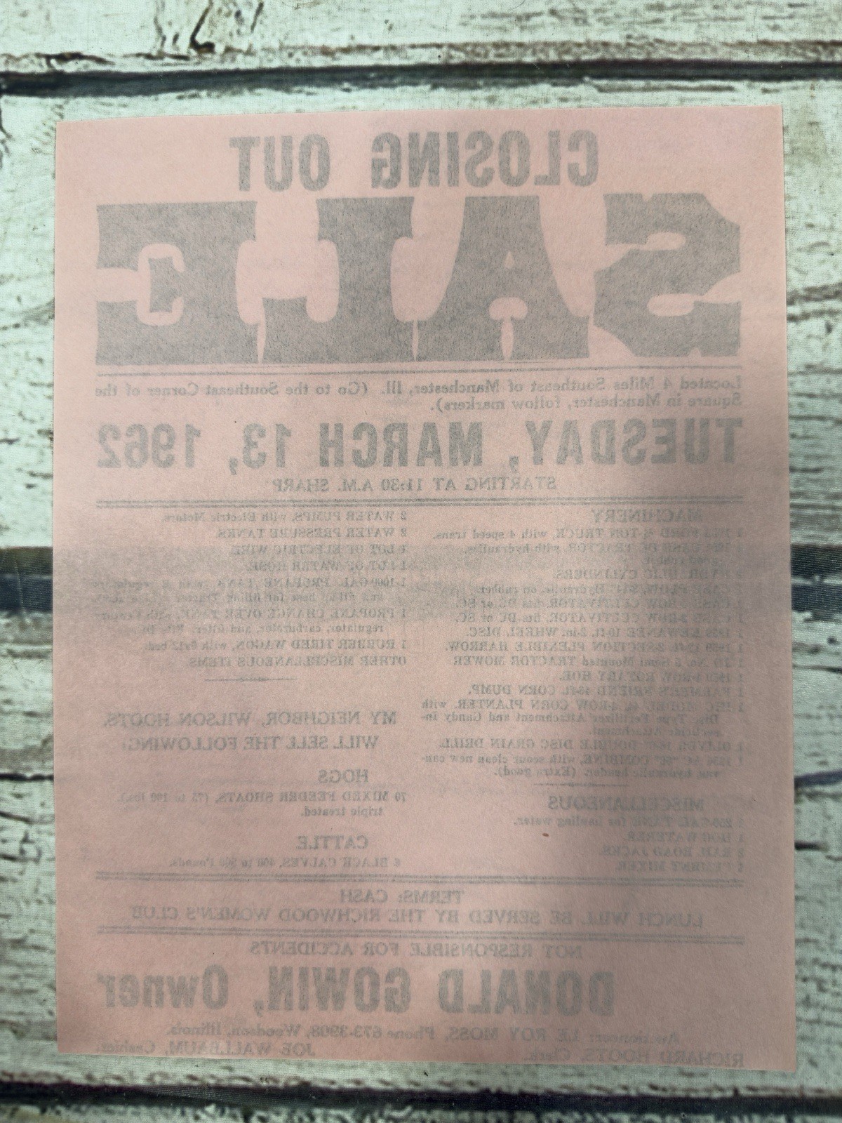VTG Closing Out Sale Machinery 1962 Manchester IL Public Auction Sale Flyer Ad