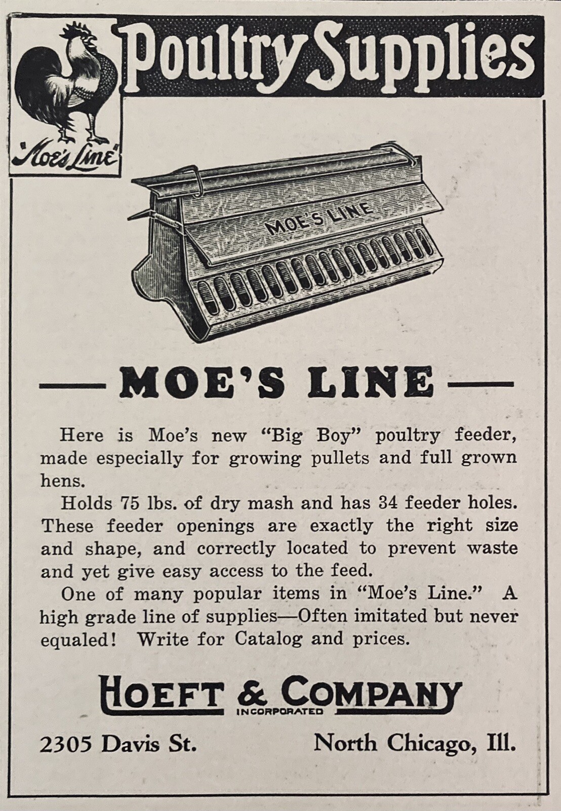 1929 AD.(XH55)~HOEFT & CO. N. CHICAGO. MOE’S LINE POULTRY FEEDERS