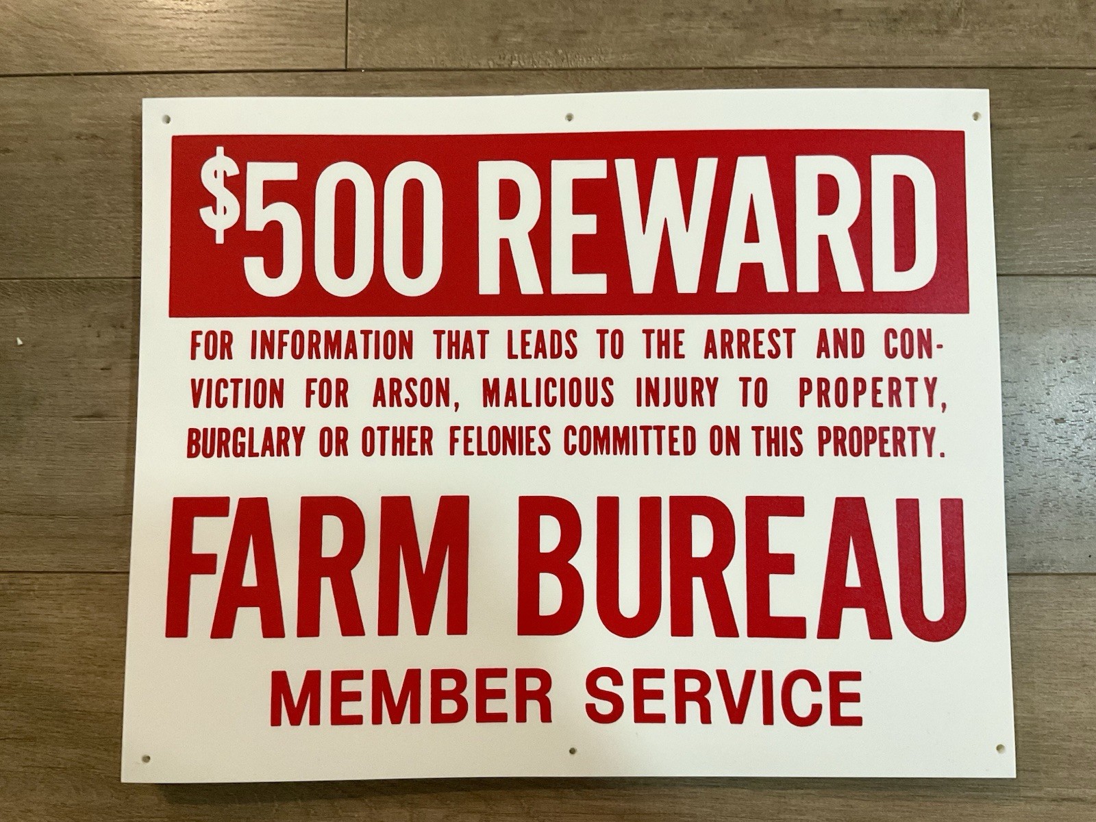 Farm Bureau Member Sign $500 Reward Plastic 14×11 New Old Stock