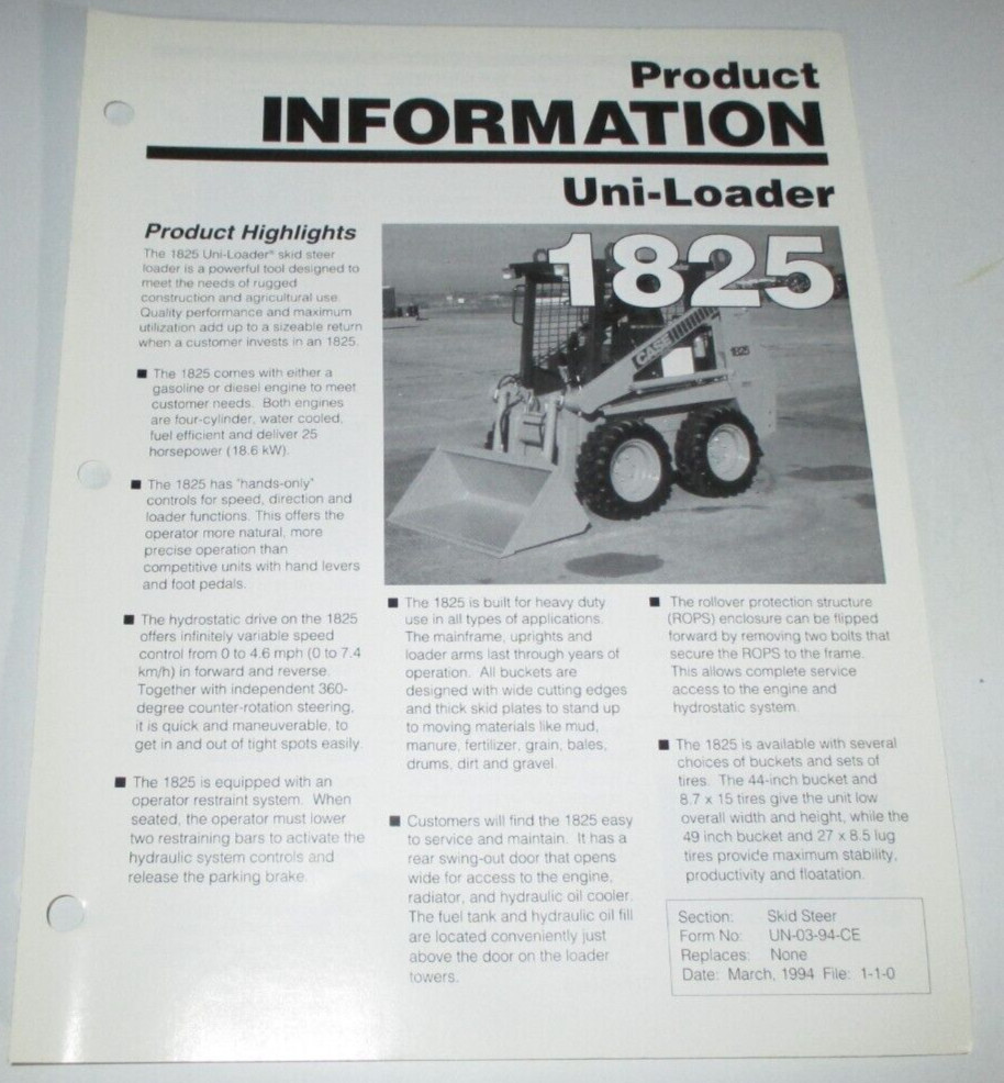 Case 1825 Skid Steer Uni-Loader Product Information Sales Brochure 3/94 Original