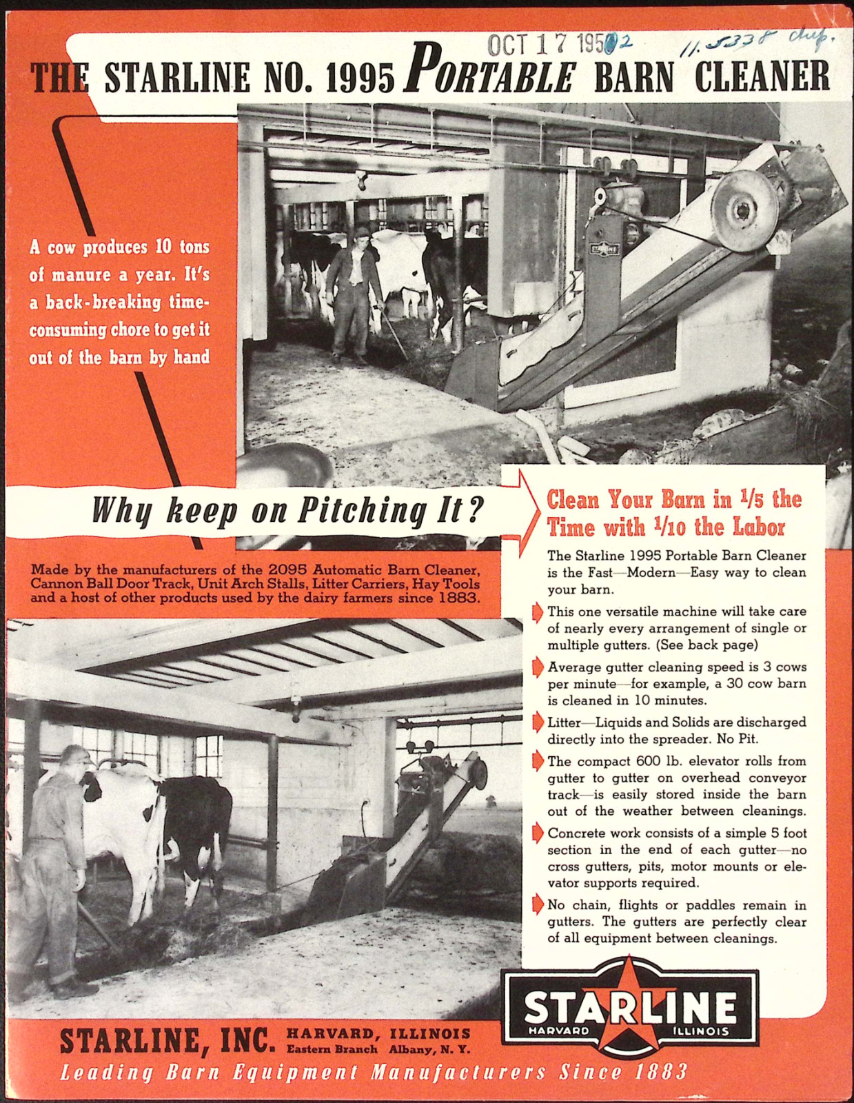 1952 Starline No.1995 Portable Barn Cleaner Brochure Starline Inc Harvard IL