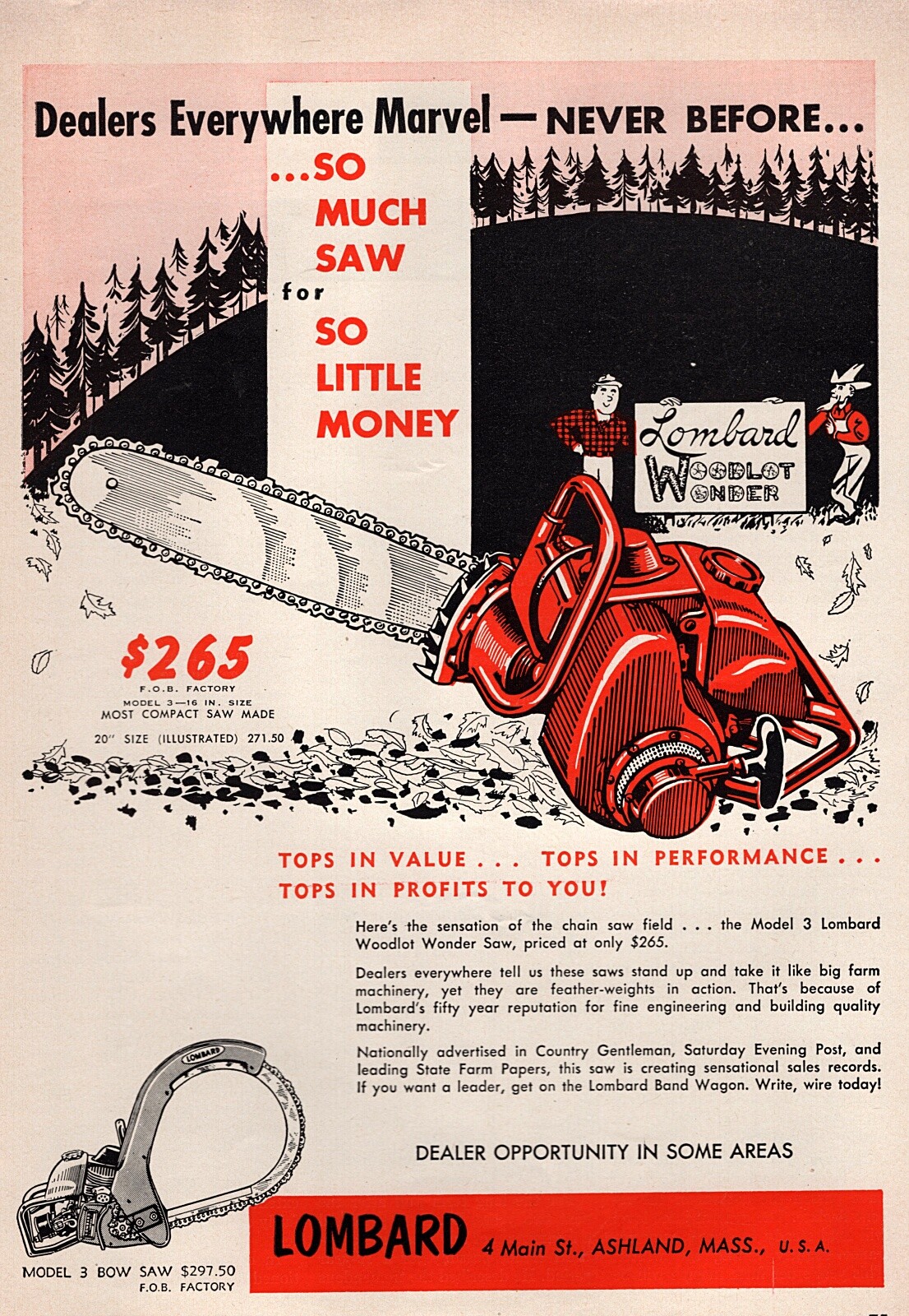 1952 Lombard 20&Prime; Compact Chainsaw Original Color Print Ad
