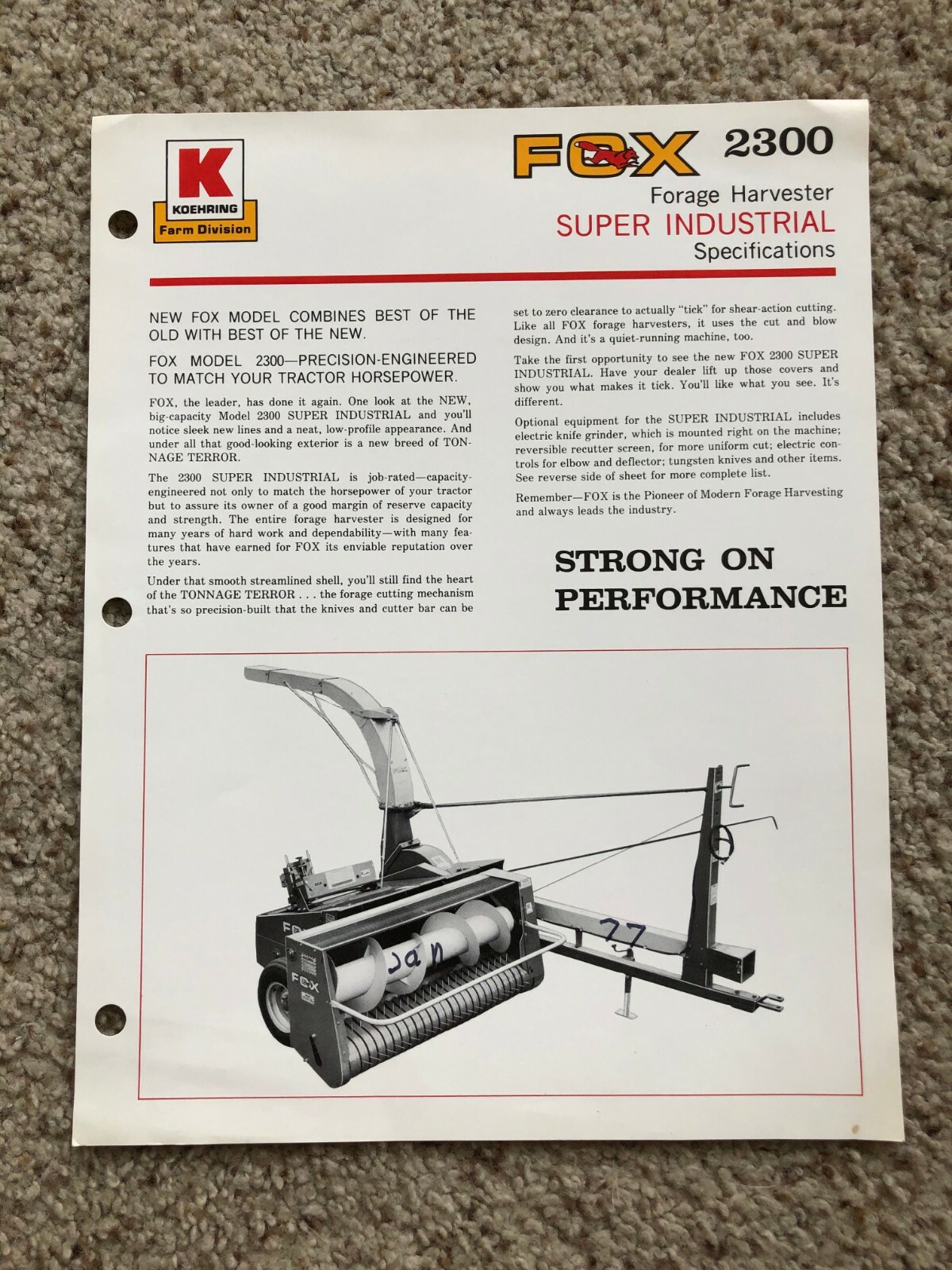 1975 Koehring Farm Division Fox 2300 Forage Harvester sales sheet.