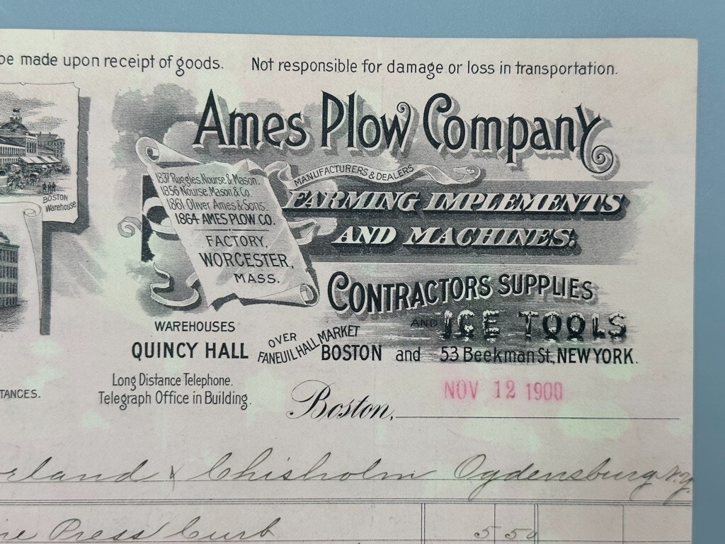 1900 AMES PLOW Company FARMING Machines ICE TOOLS Billhead Antique Advertising