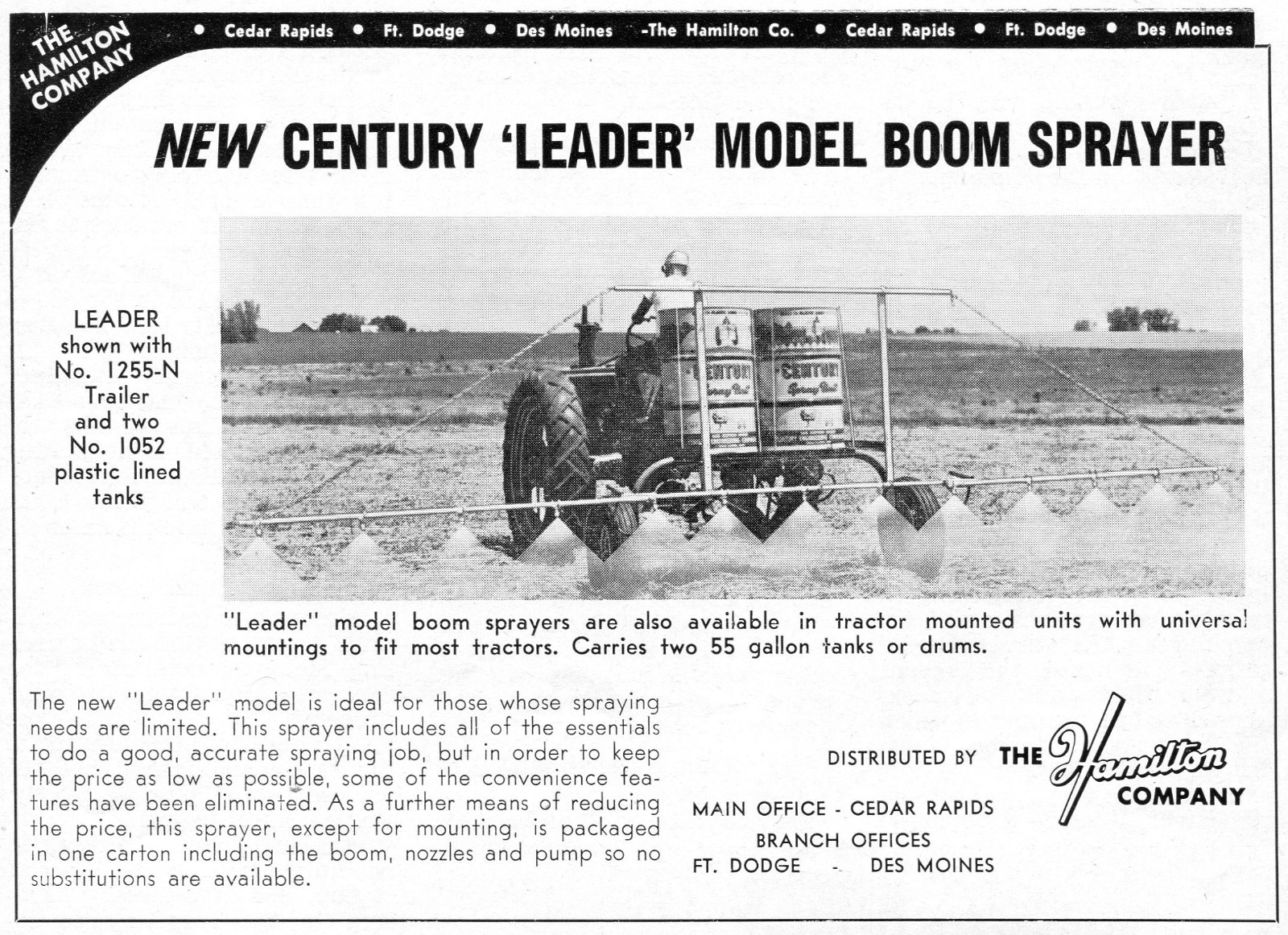 1962 Dealer Print Ad The Hamilton Co Century Tractor Mount Leader Boom Sprayer