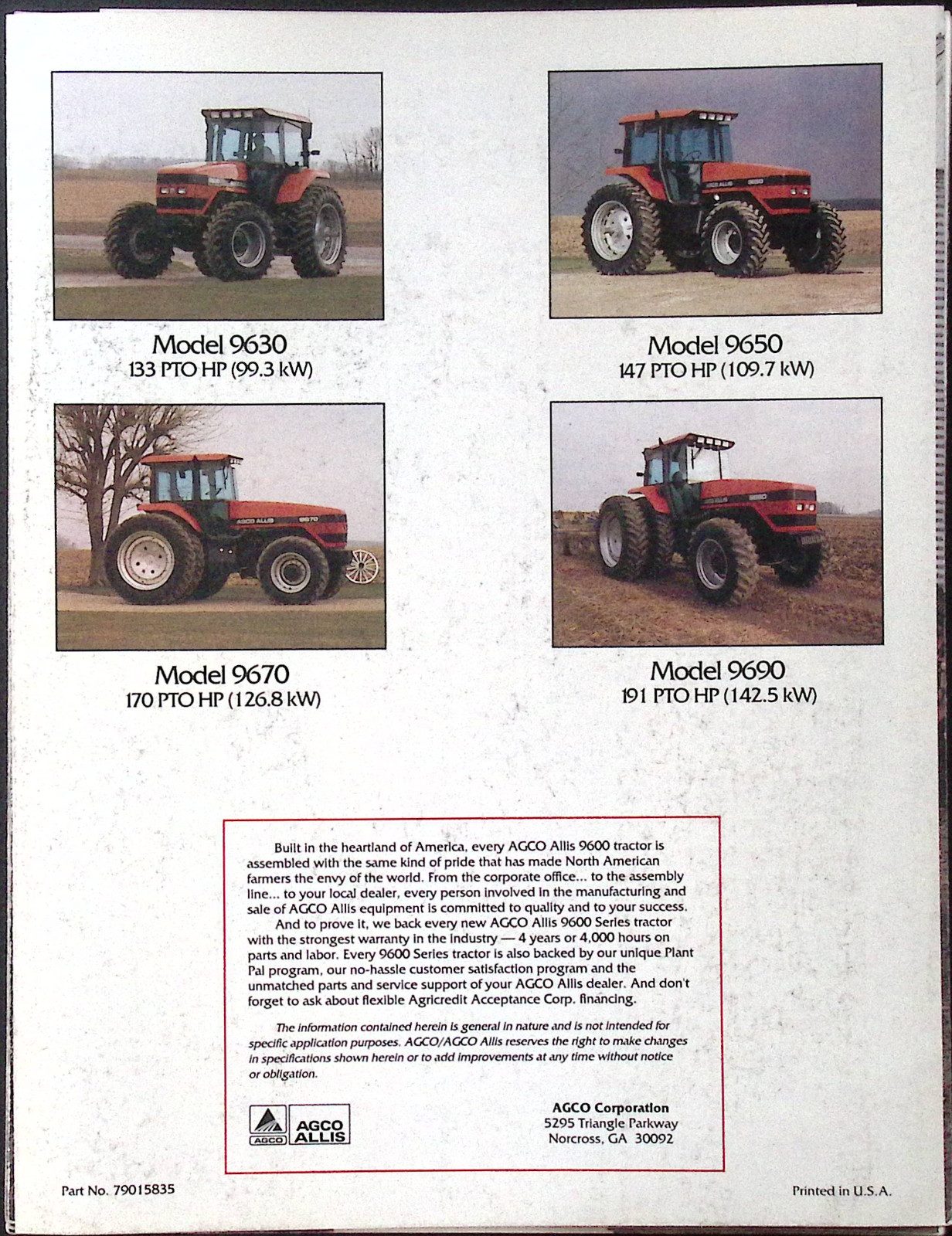 Vintage AGCO Allis 9600 Series Tractors 133 to 191 PTO Horsepower Brochure