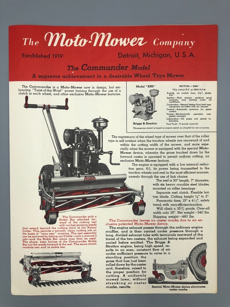 1940s Reel LAWN MOTO- MOWER Vintage COMMANDER Model ADVERTISING Brochure
