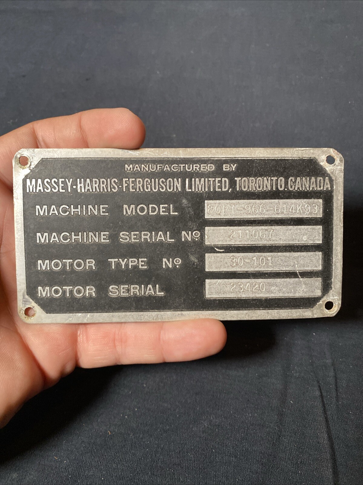 Massey-Harris Ferguson name plate Toronto Canada Farm Tractor Emblem Model