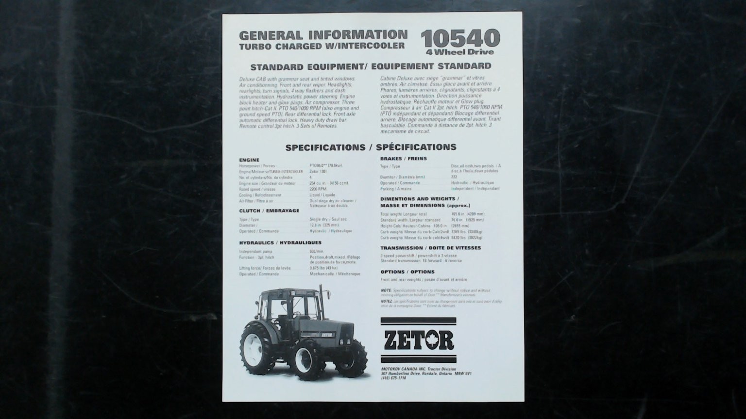 Zetor 10540 Tractor Brochure 4WD Turbo Intercooler Specs Vintage
