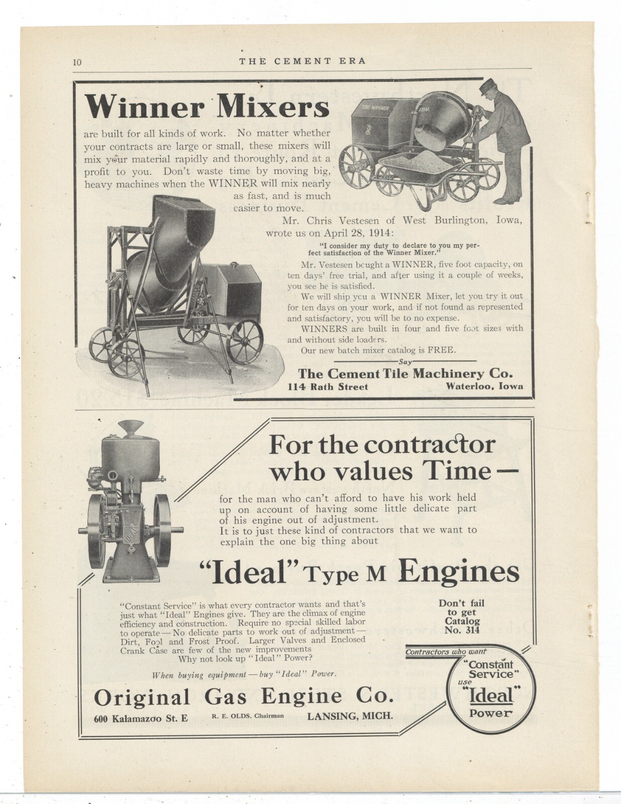 1914 Original Gas Engine Company of Lansing Michigan Ad: Ideal Type M Engine